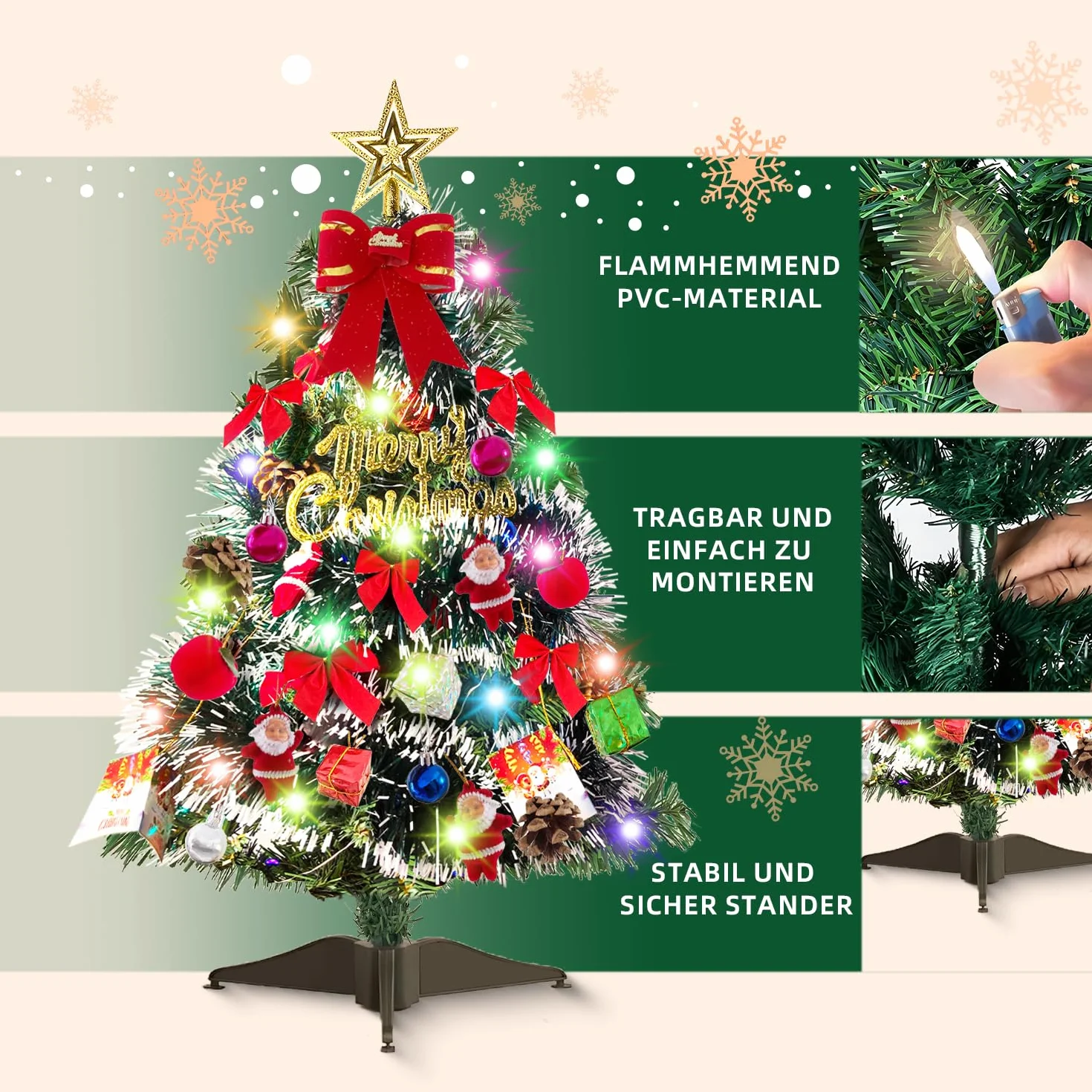 Sztuczna choinka na stół 60 cm mini drzewko sosnowe z ornamentami dekoracja bożonarodzeniowa