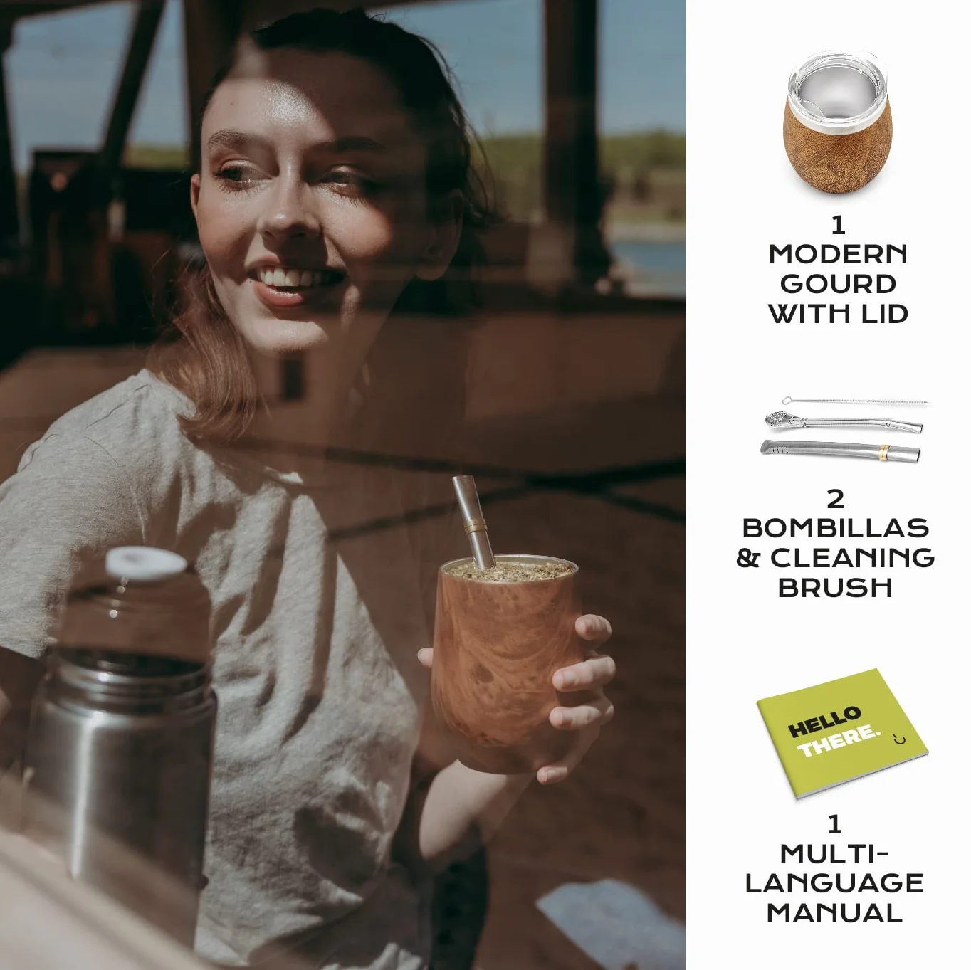 BALIBETOV Zestaw Nowoczesny Kubek Mate i Bombilla - Zestaw Yerba Mate Zawiera Dwuścienny Kubek Mate Ze Stali Nierdzewnej, Dwie Bombilla Mate (Słomka) i Szczotka do Czyszczenia (Drewno, 355 ml)