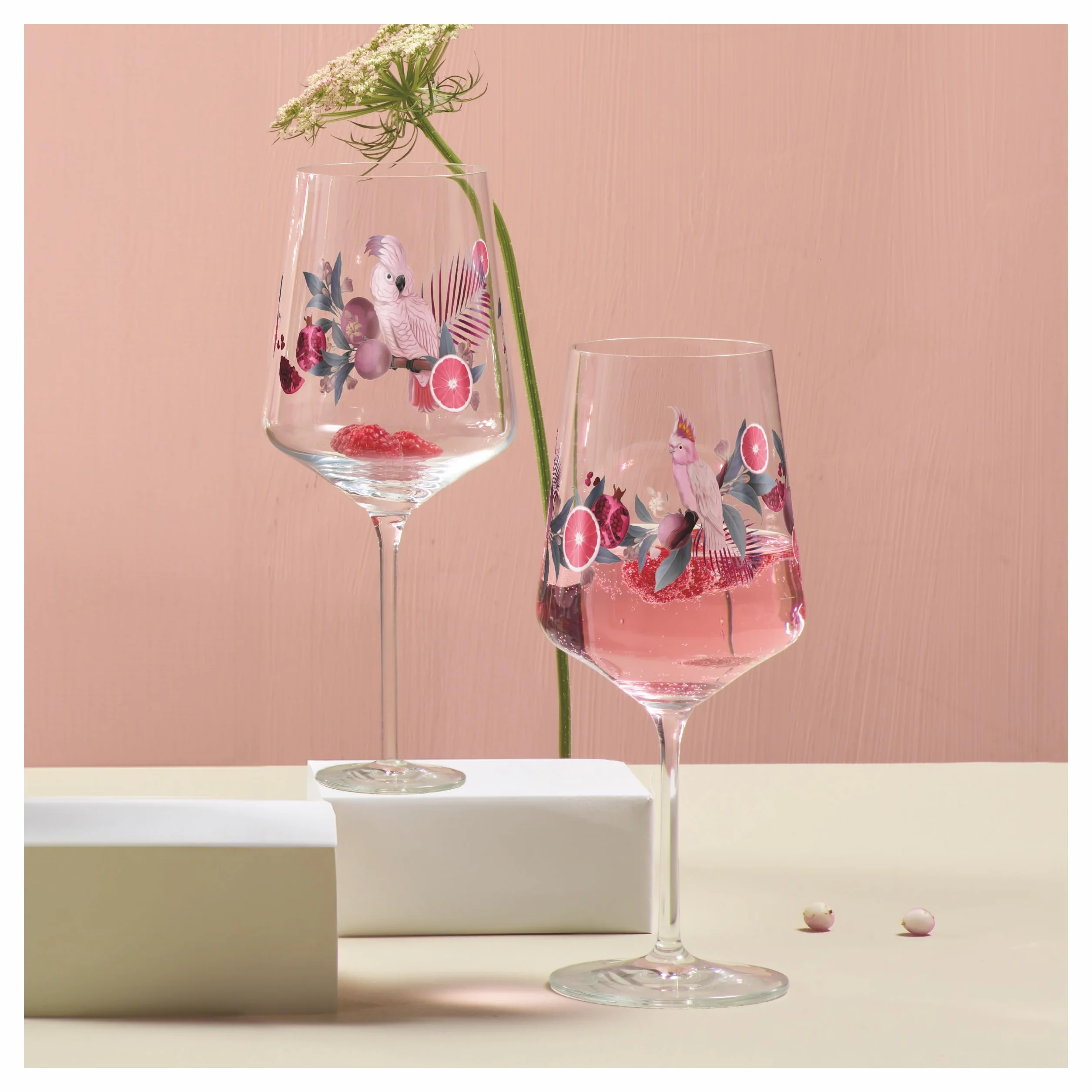 RITZENHOFF Kieliszek do aperitifu 500 ml zestaw 2 szt. seria Sonet letni motyw kakadu różowy szary