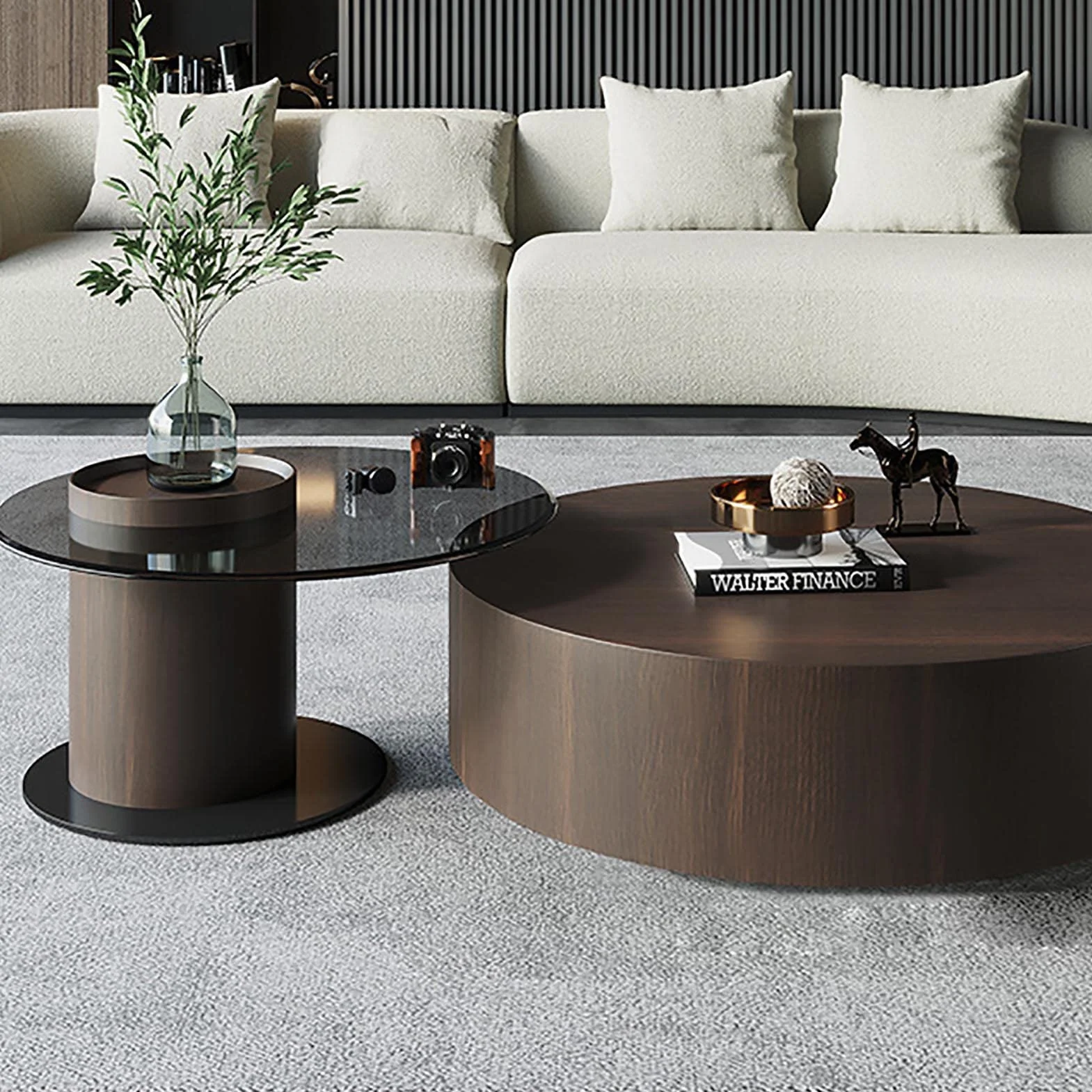 WestUx Nowoczesny okrągły stolik kawowy, zestaw dwóch stolików bocznych Mid Century Minimalist, szklany blat, do salonu, sypialni, biura, 90+60cm