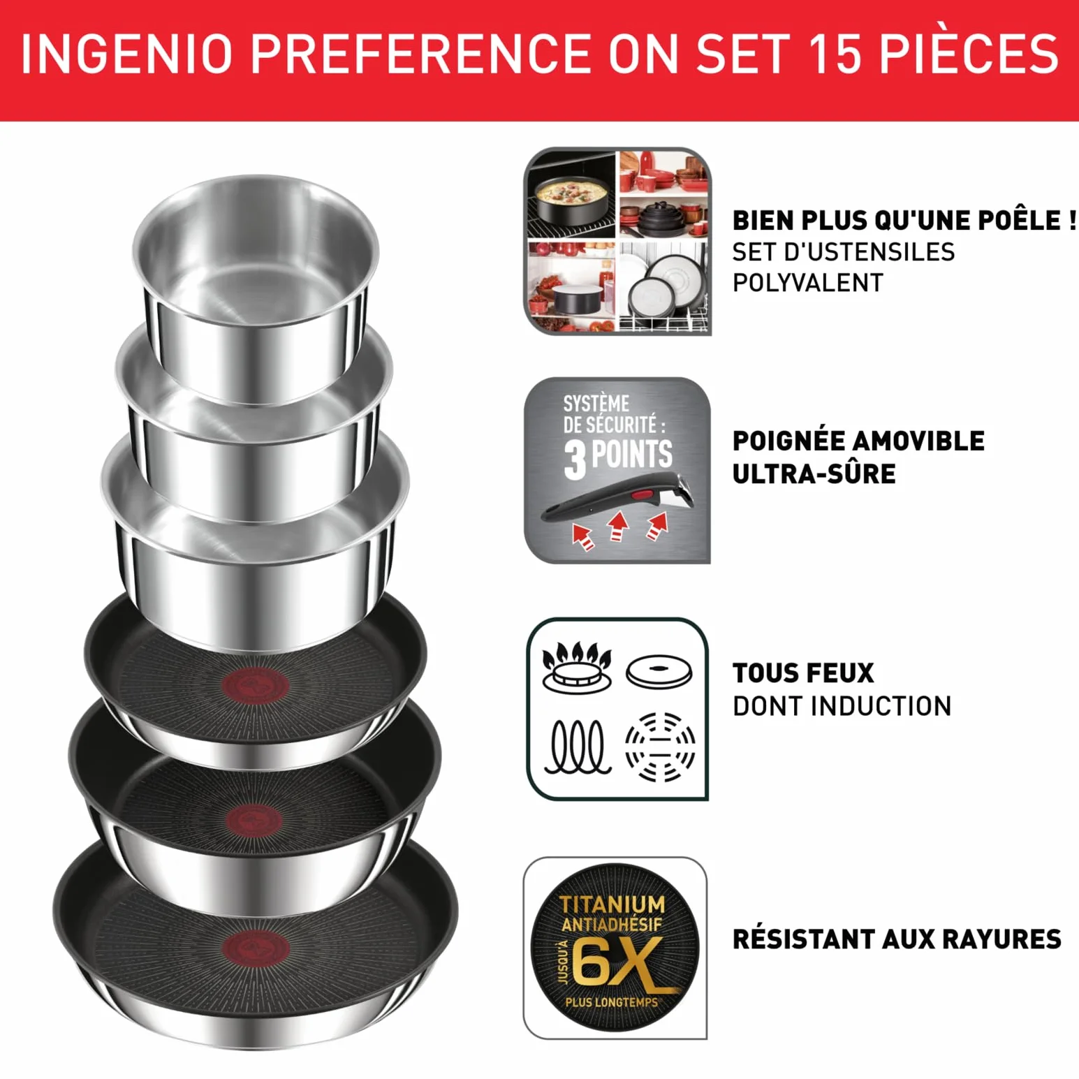 TEFAL Ingenio Preference 13-częściowy zestaw patelni do układania, stal nierdzewna, nadaje się do indukcji, uniwersalne patelnie, oszczędność miejsca L9749532