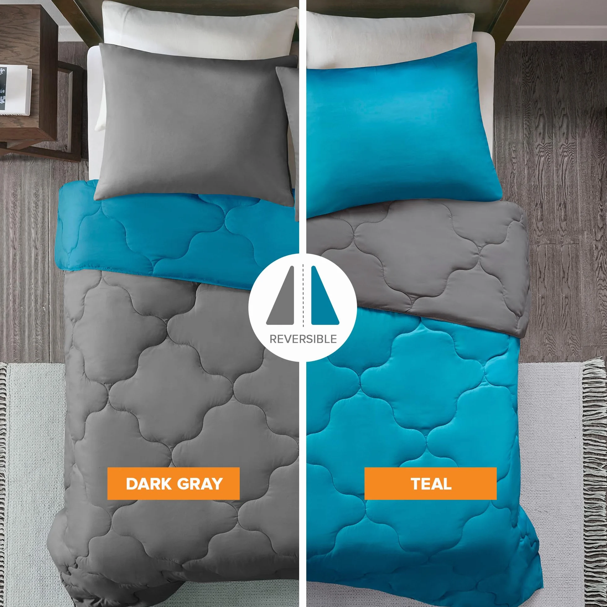 Comfort Spaces Vixie Reversible Comforter Set - Trendy Casual Geometric Quilted Cover, All Season Down Alternative Cozy Bedding, Matching Sham, Teal/Charcoal, Full/Queen 3 piece