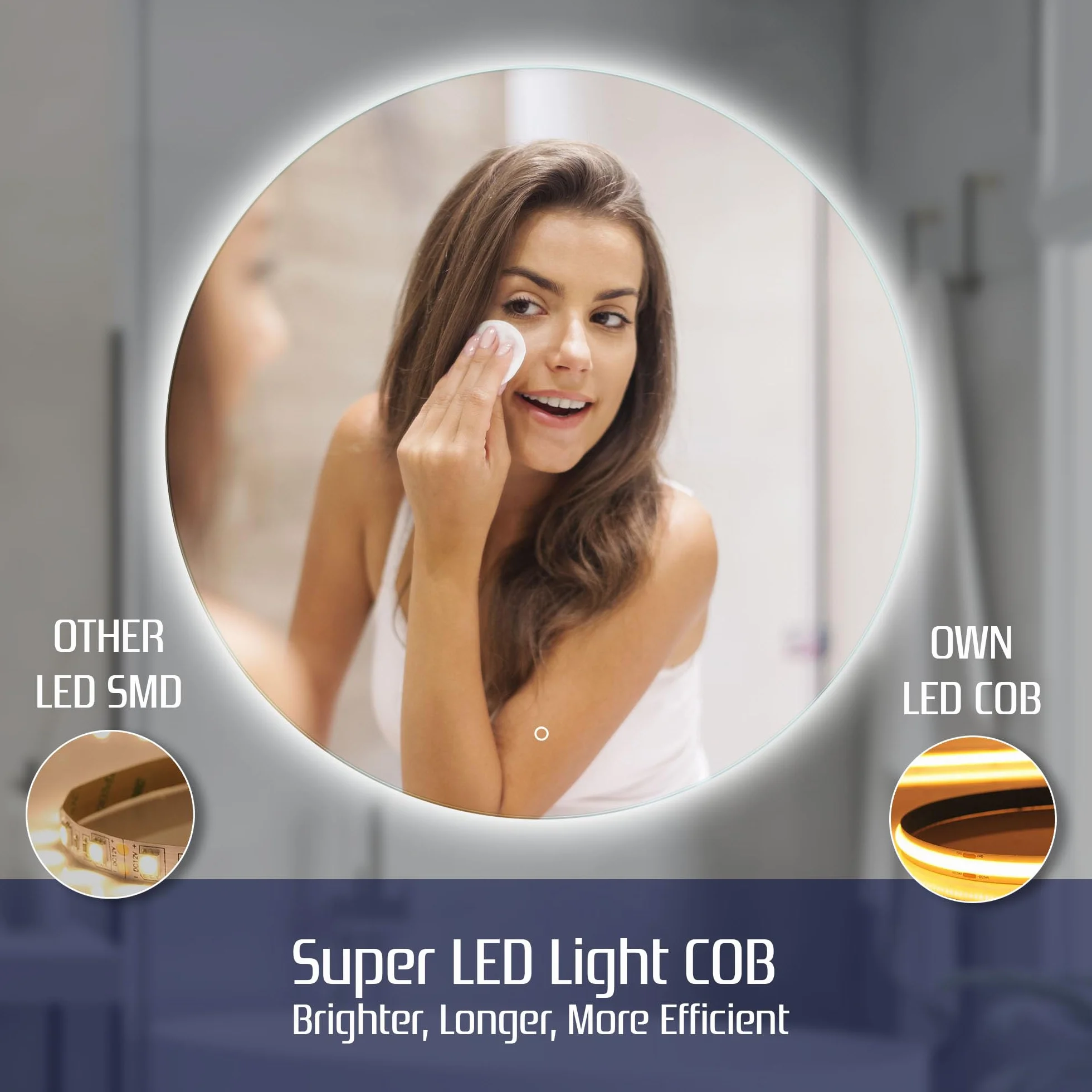 Okrągłe lustro łazienkowe 80 cm z oświetleniem LED, Okrągłe lustro ścienne LED z włącznikiem, Lustro z naturalnym białym światłem, Podświetlane z tyłu