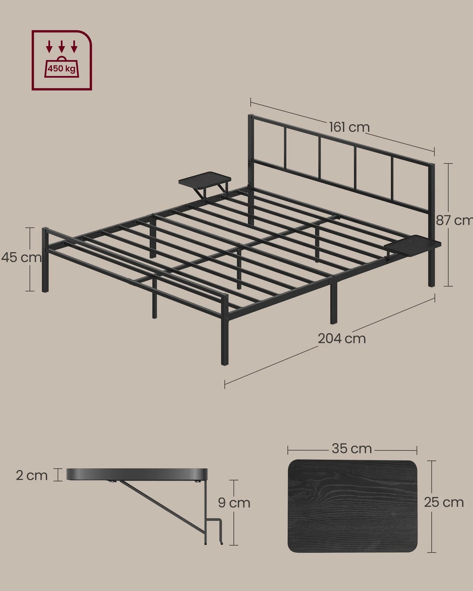 VASAGLE Rama łóżka 160 x 200 z metalowym stelażem, metalowa rama z półkami do przechowywania, zagłówek, dla nastolatków, łatwy montaż, tusz czarny RMB195BD01