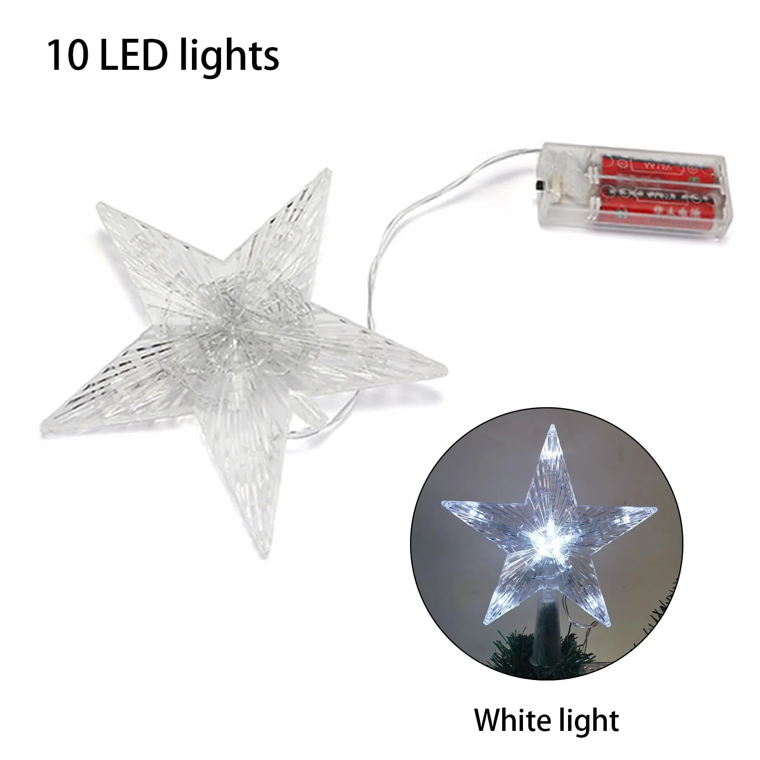Ozdoby choinkowe, czubek choinkowy z 10 diodami LED z wtyczką elektryczną – 16 x 16 cm, świecący pentagram, gwiazda na choinkę (białe światło, 16 x 16 cm)