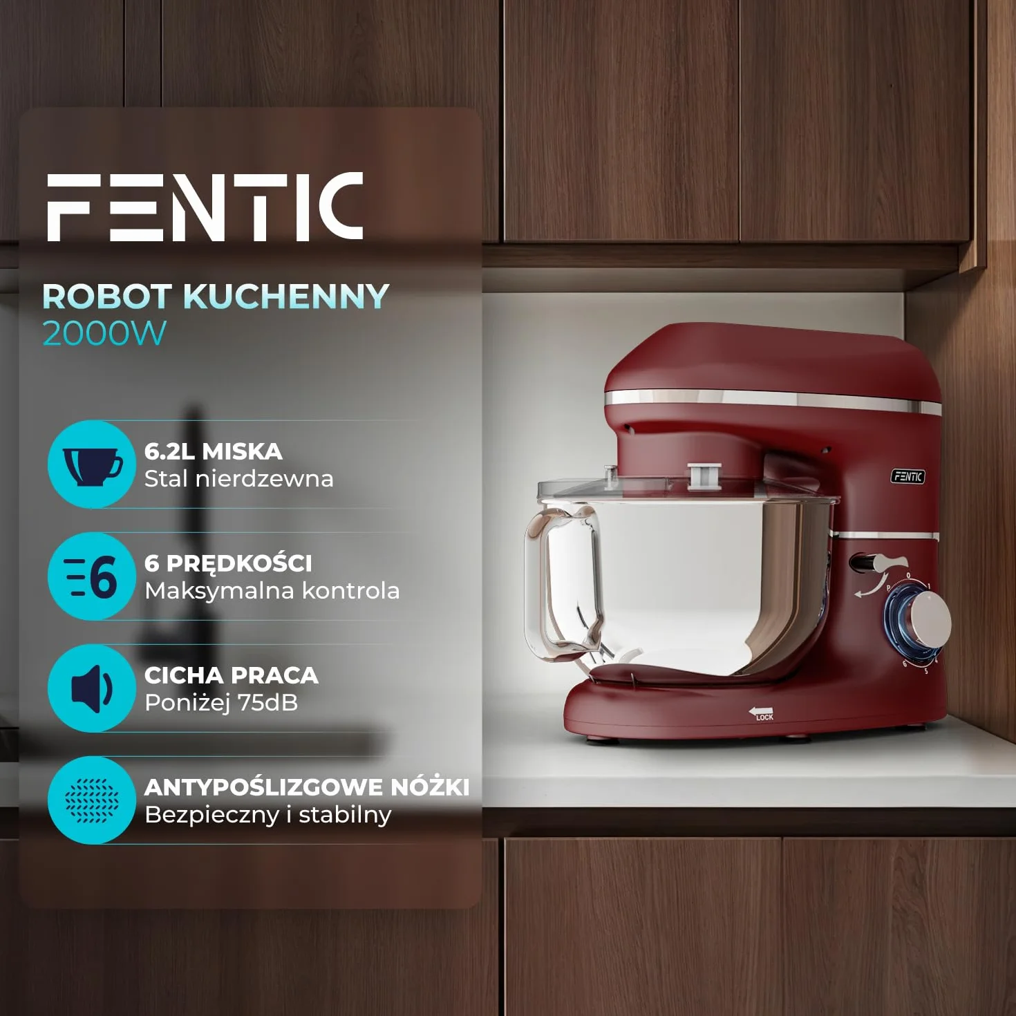 Robot kuchenny - 2000 W - miska do mieszania ze stali nierdzewnej (6,2 l) - mikser kuchenny z hakiem do mieszania, hakiem do zagniatania, trzepaczką i ochroną przed pryskaniem - w zestawie