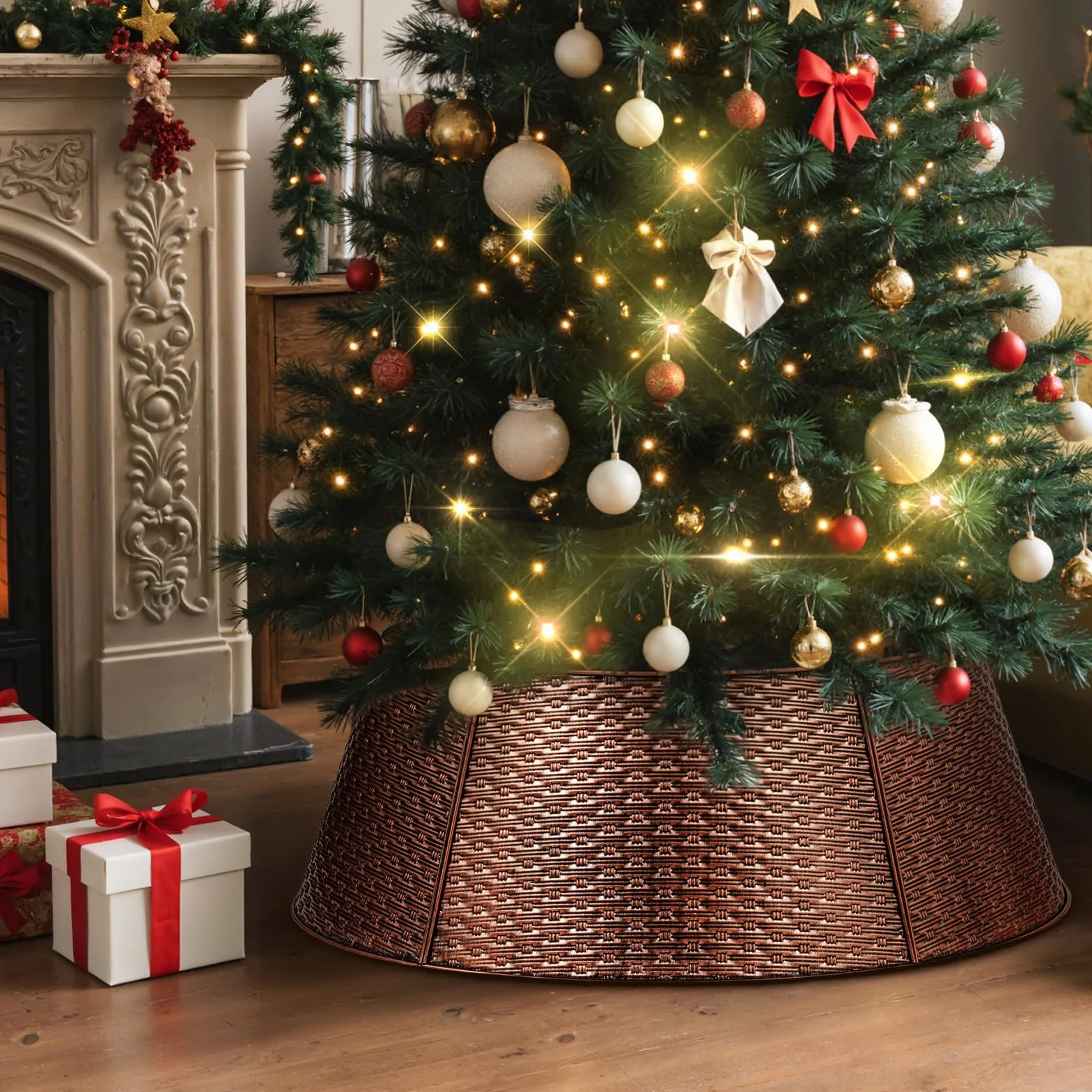 Lanpn Metalowa obroża choinkowa 70cm, Splot Poziomy Metalowy kołnierz choinkowy Dekoracyjna Spódnica Choinkowa do małej dekoracji choinki wewnątrz i na zewnątrz (Miedź)