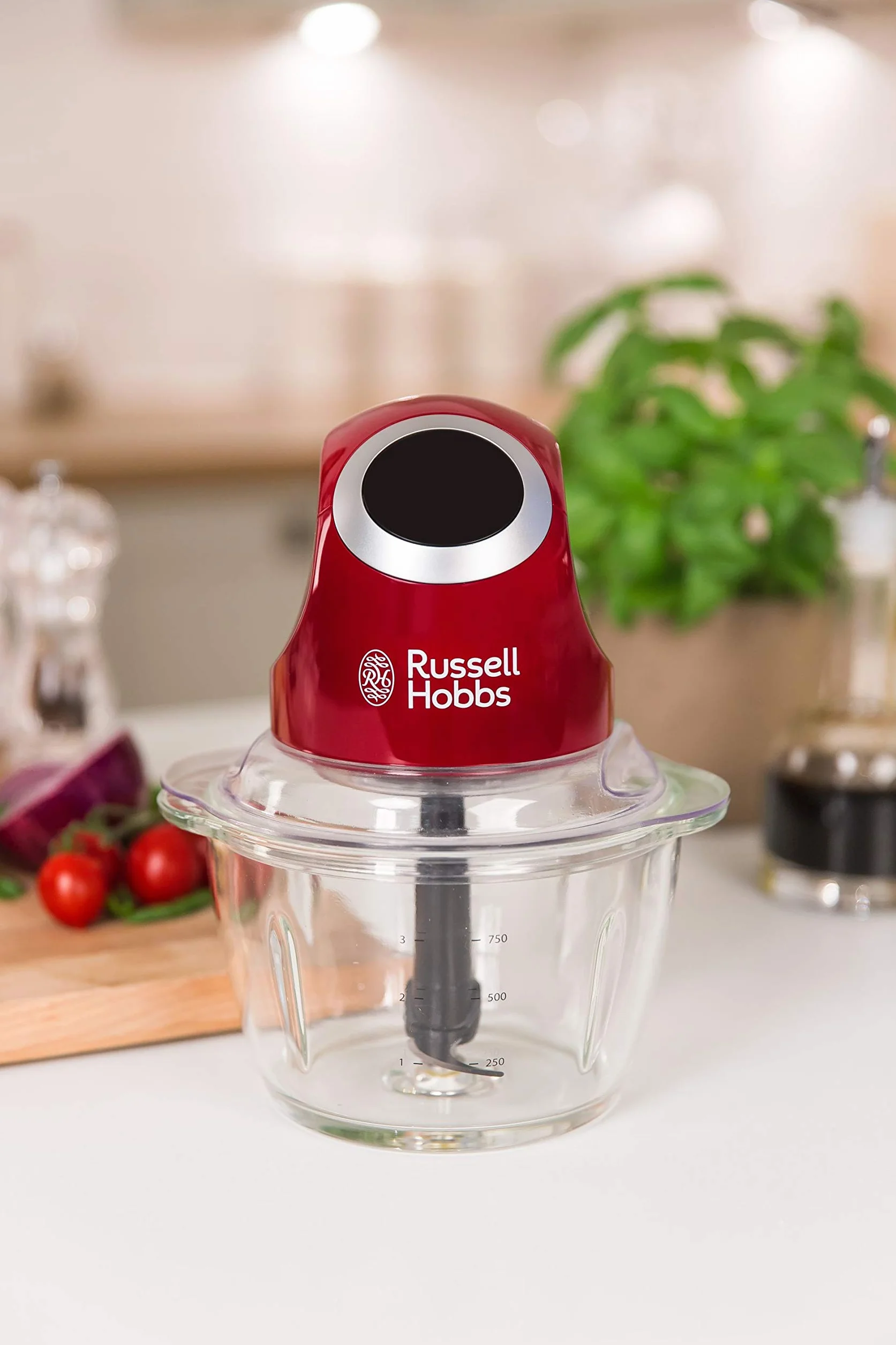 Russell Hobbs rozdrabniacz do warzyw, funkcja rozdrabniania, dwuskrzydłowe ostrza, ostrza ze stali nierdzewnej, szklany pojemnik, pojemność 0,5l, moc 200W, czerwony, Desire 24660-56