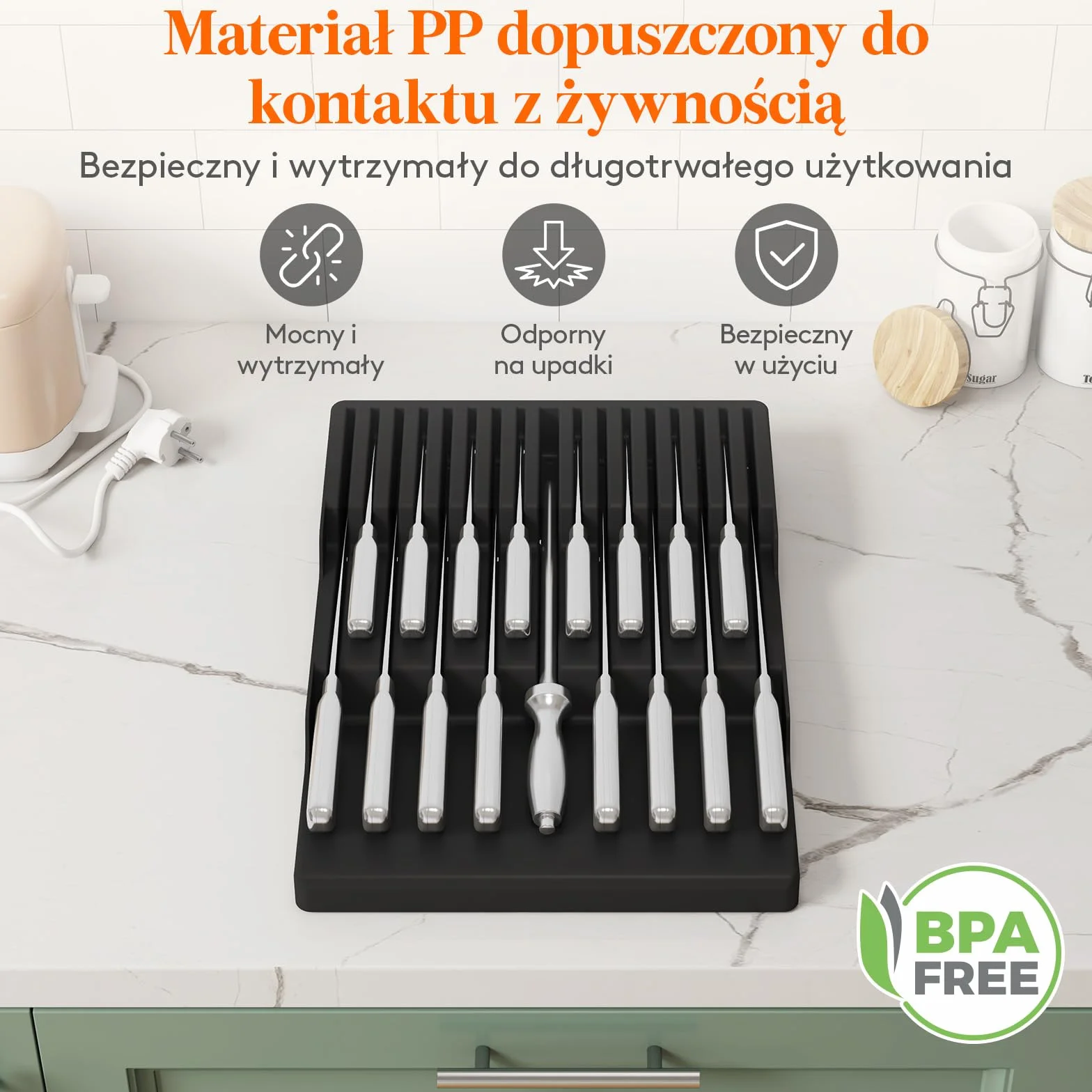 Lifewit Magnetyczny uchwyt na noże, szuflada na 16 noży, 29,5 x 42 x 5 cm, organizer na noże z antypoślizgowym dnem, pusty blok na noże z tworzywa sztucznego, duży wkład do szuflady, czarny
