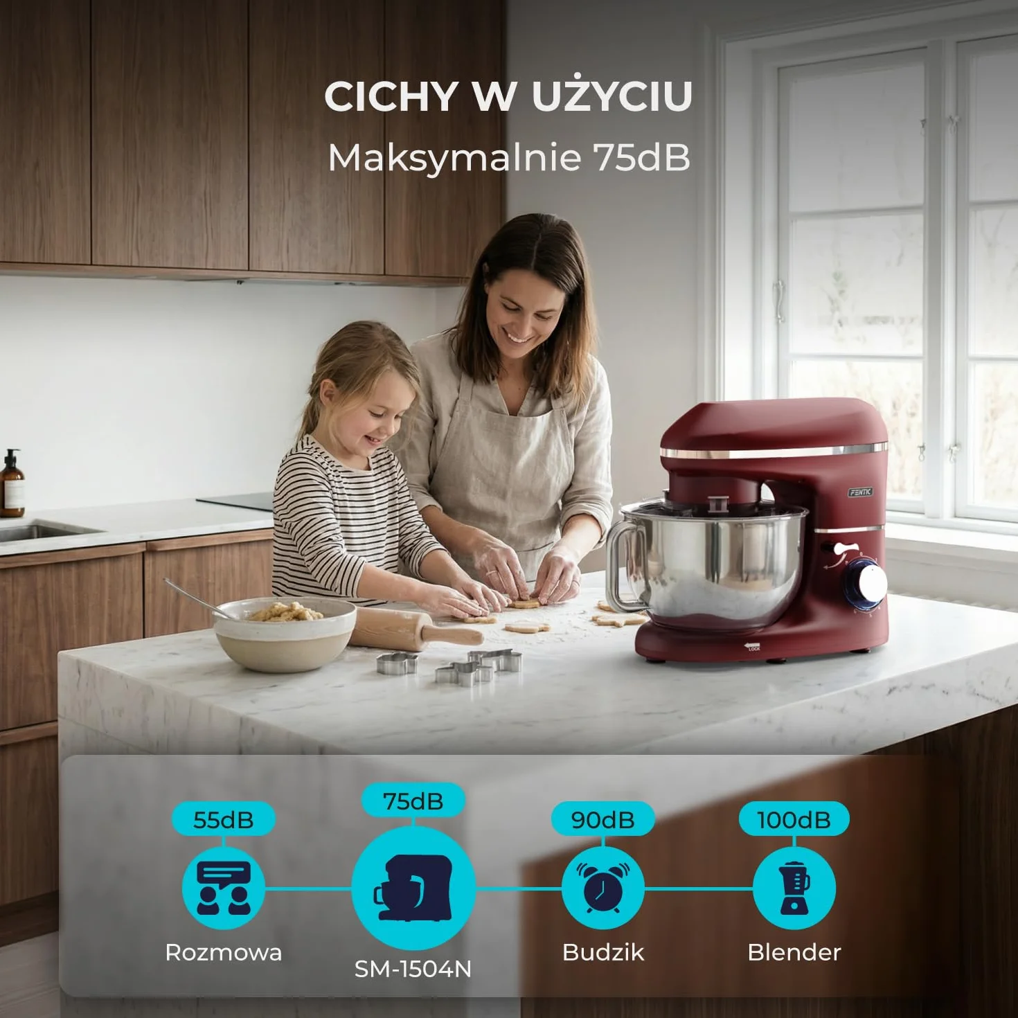 Robot kuchenny - 2000 W - miska do mieszania ze stali nierdzewnej (6,2 l) - mikser kuchenny z hakiem do mieszania, hakiem do zagniatania, trzepaczką i ochroną przed pryskaniem - w zestawie