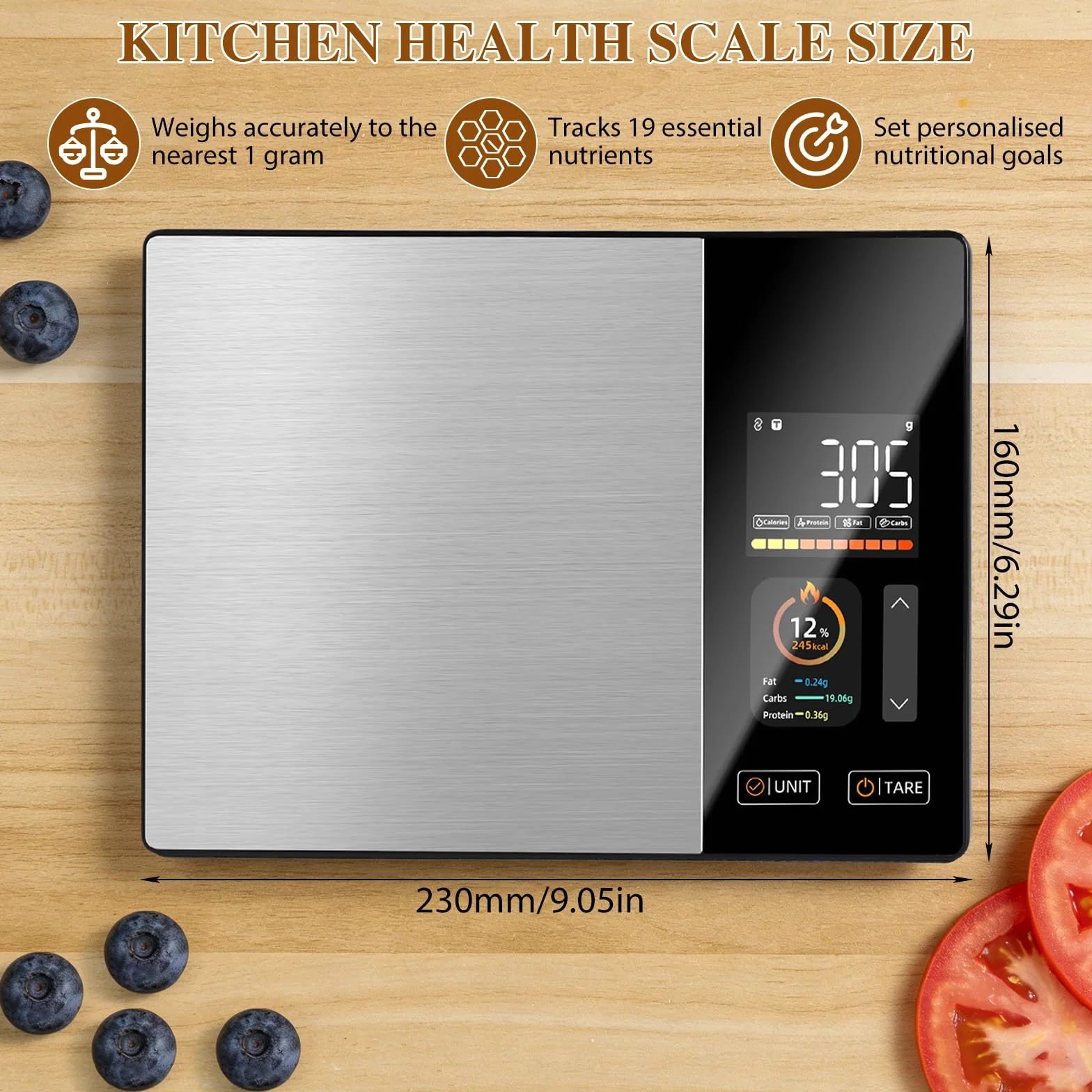 Cyfrowa waga kuchenna z kalkulacją odżywczą, precyzyjna cyfrowa waga do odżywiania z wyświetlaczem LCD, precyzyjna waga z kalkulatorem żywienia, kolorowy wyświetlacz TFT, 50 offline i analizą