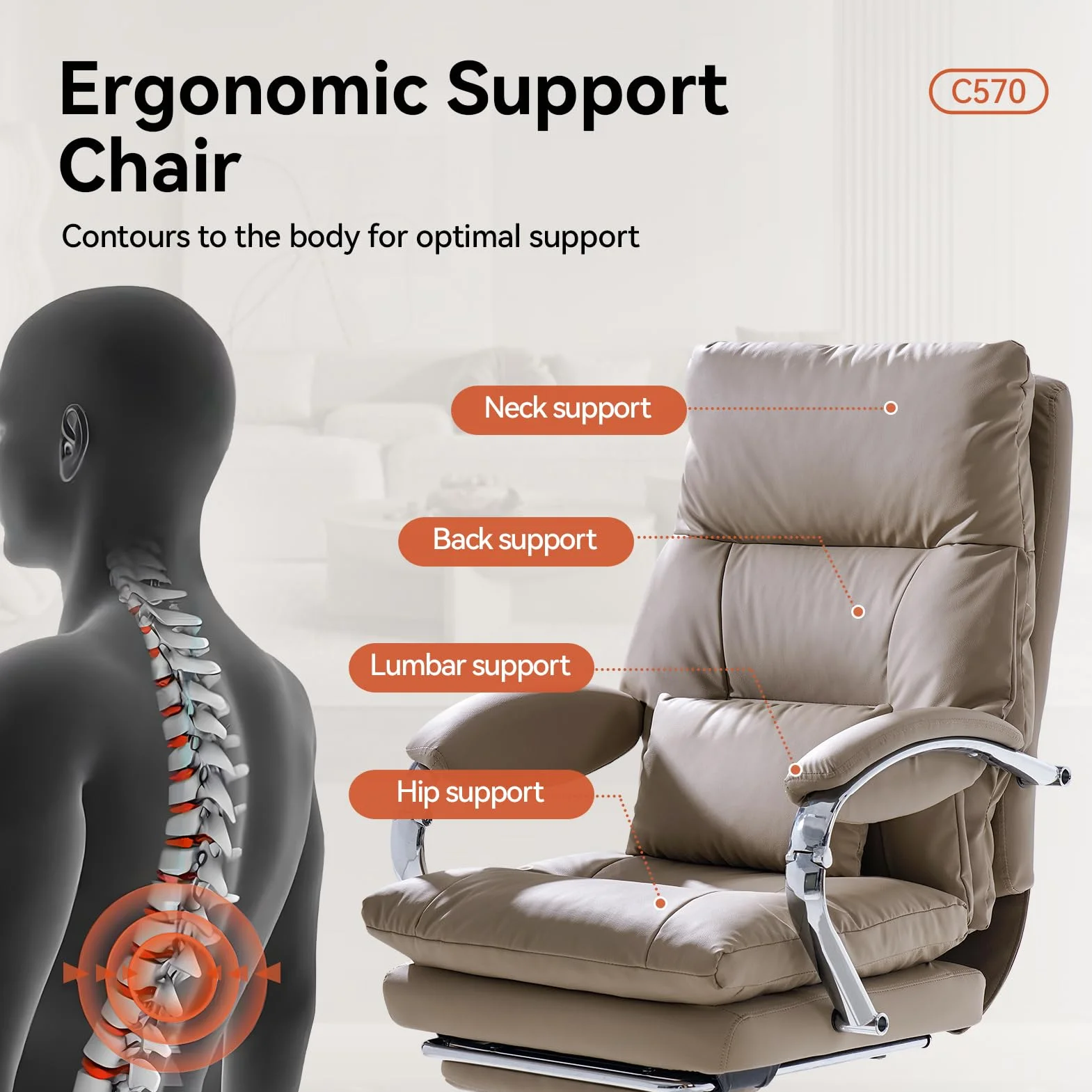 EMIAH Krzesło biurowe z podnóżkiem, wygodne krzesło do biurka ze skrzyżowanymi nogami i podłokietnikami, ergonomiczny fotel szefa ze skóry PU z kółkami, krzesło gamingowe z pogrubioną poduszką, khaki