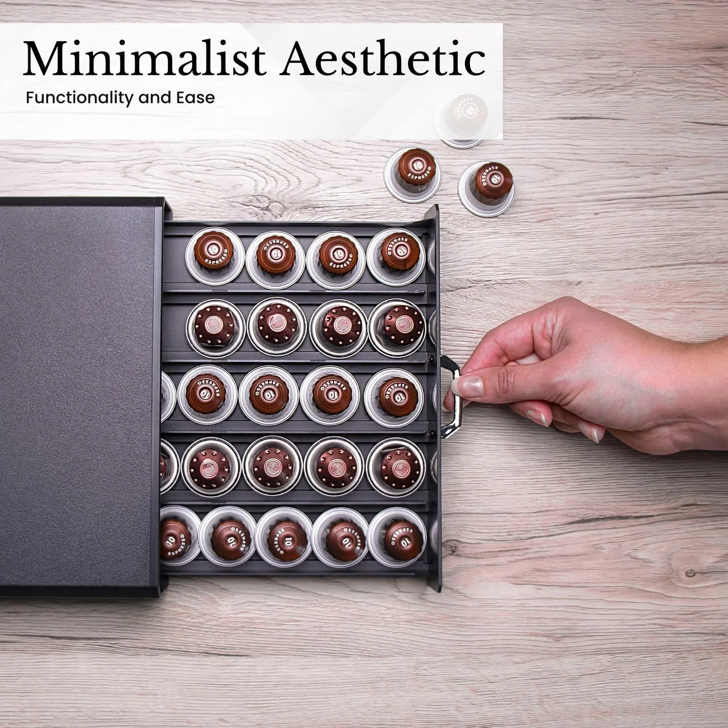 Szuflada Intirilife na 50 kapsułek kawy- Kompatybilna z kapsułkami Nespresso -38.2 x 23.2 x 5,6 cm- Szuflada na kapsułki Pudełko do przechowywania w kolorze czarnym Ekspres na kapsułki