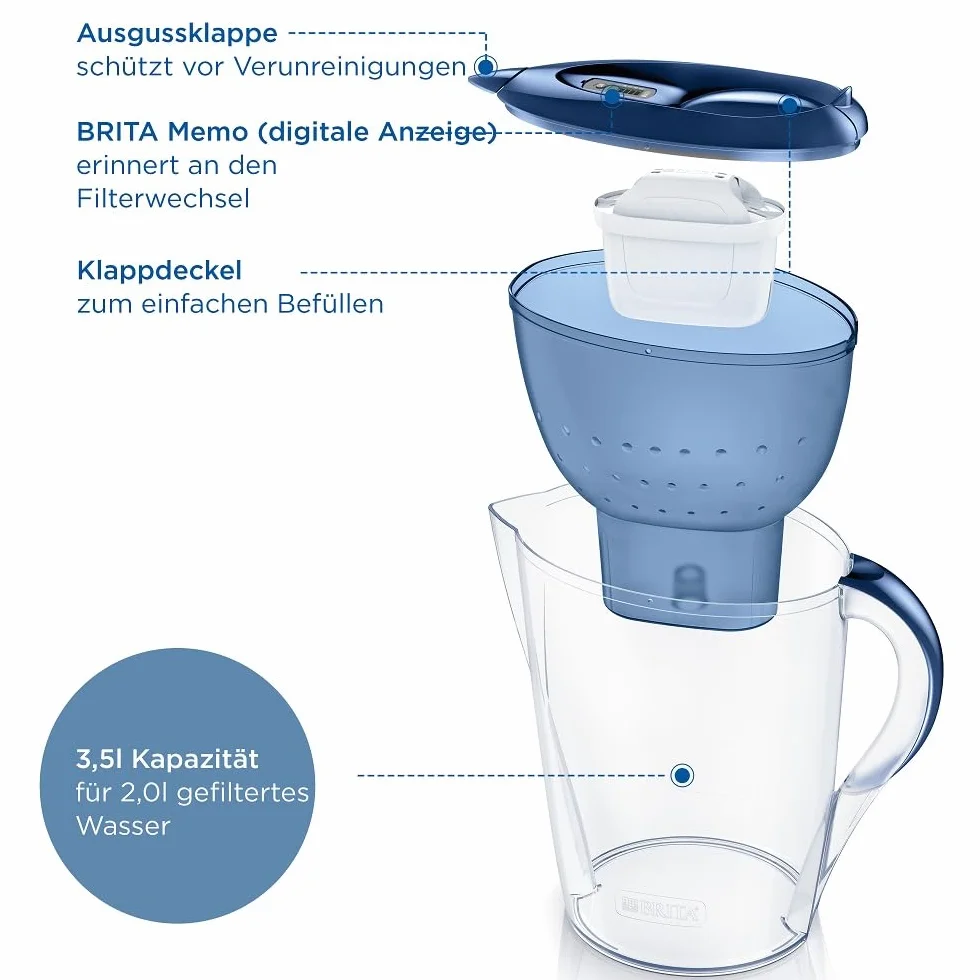 BRITA Dzbanek z filtrem wodnym Marella XL Blue (3,5 l) w zestawie 1 x wkład MAXTRA PRO All-in-1 - dostosowany do lodówki dzbanek z cyfrowym LTI i pokrywką redukującą chlor, wapno i zanieczyszczenia.