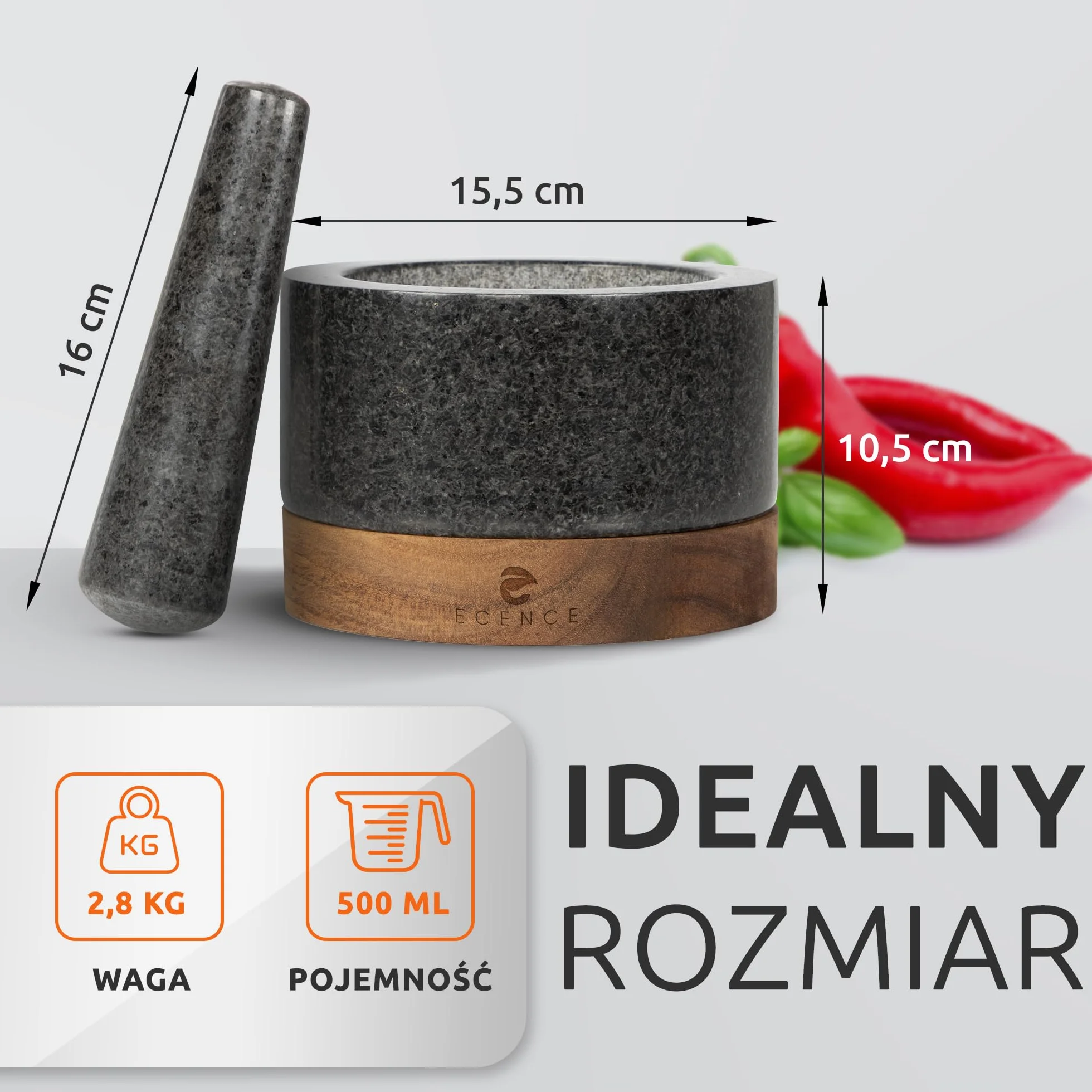 ECENCE Drewniany i Granitowy Moździerz i Tłuczek Zestaw tłuczków i Moździerzy do Przypraw dla Doskonałego Kruszenia Duży Kamienny Moździerz i Tłuczek Granit i Drewno Akacjowe Ø15,5cm