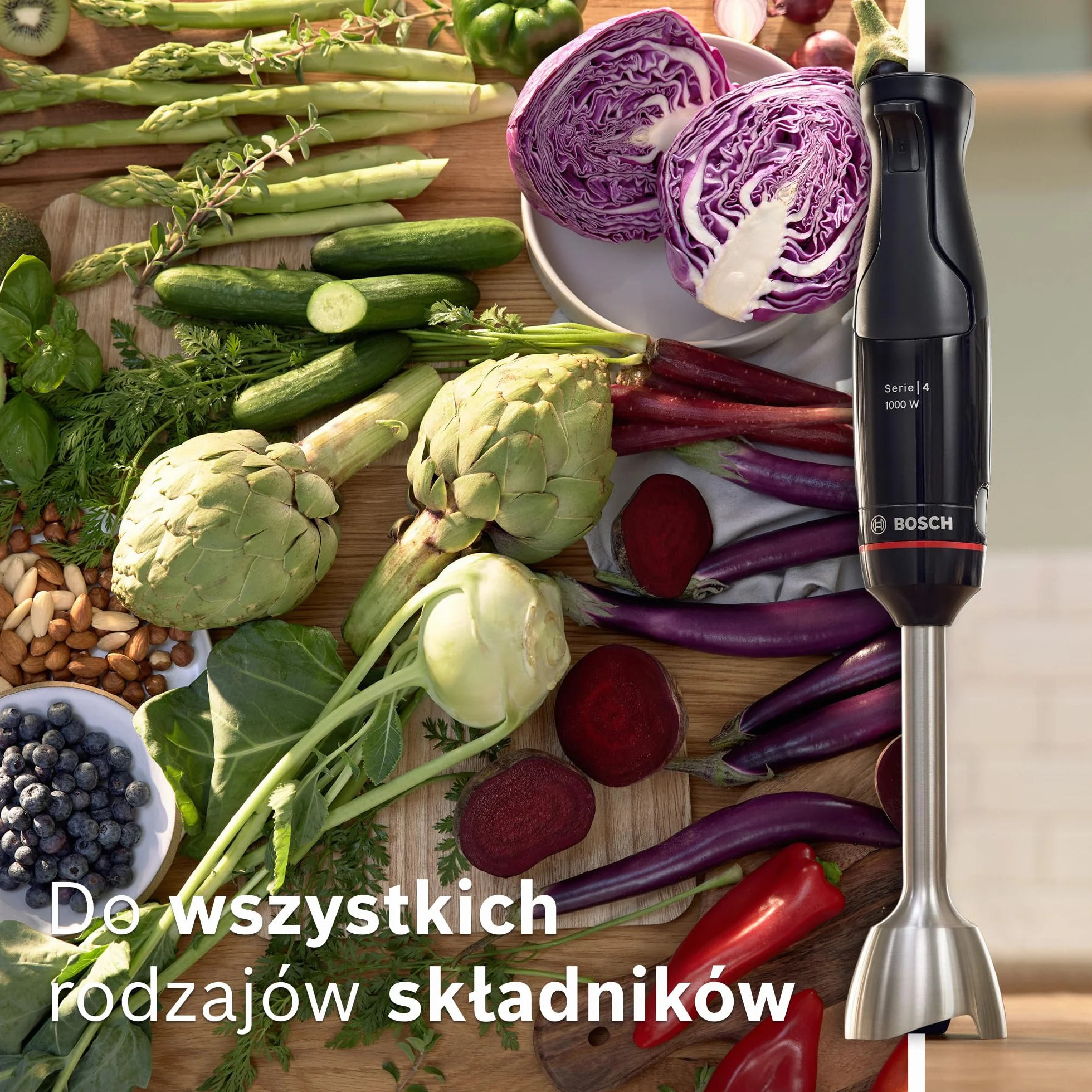 Bosch, blender ręczny, ErgoMaster Series 4, silnik 1000 W, dynamiczna regulacja prędkości, system QuattroBlade, akcesoria w zestawie, MSM4B610