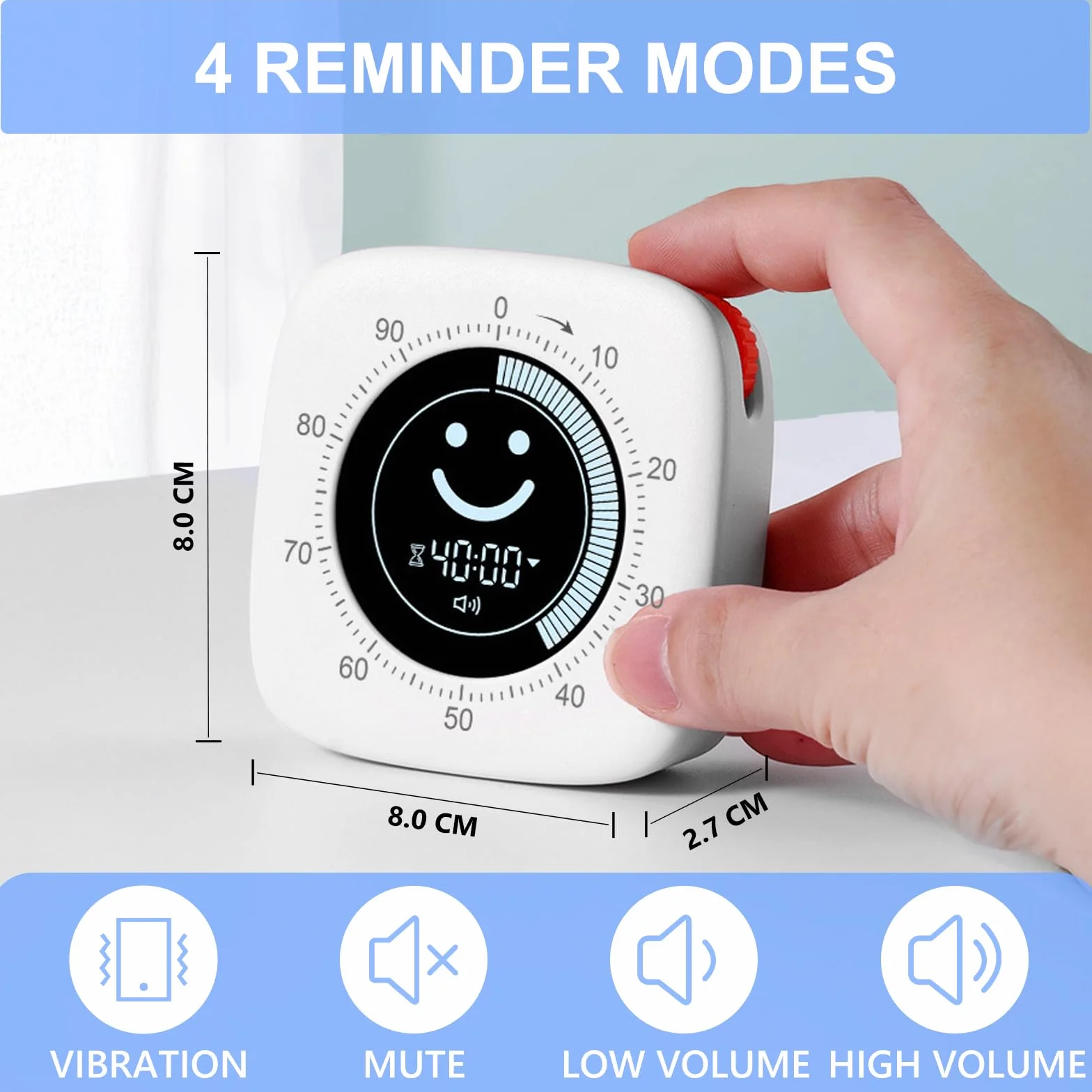 Cuteefun 100-minutowy wizualny timer Pomodoro z wyświetlaczem Smiley, szybkie przesuwanie, tryb wyciszenia i wibracji, regulowana głośność, krótki timer do kuchni i gabinetu