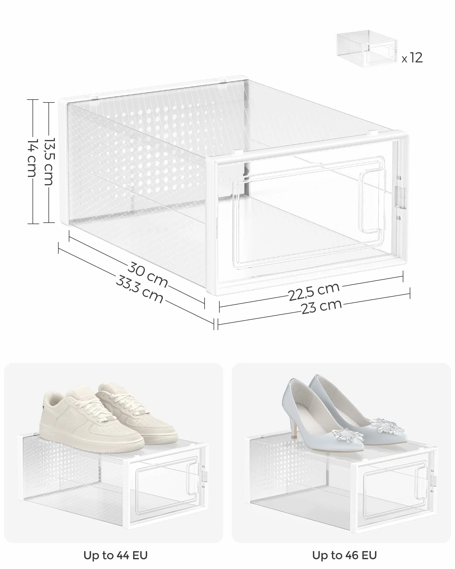 SONGMICS Pudełka na buty zestaw 12 sztuk organizer plastikowe składane układane w stosy do rozmiaru 44 przezroczysty-biały LSP12SWT