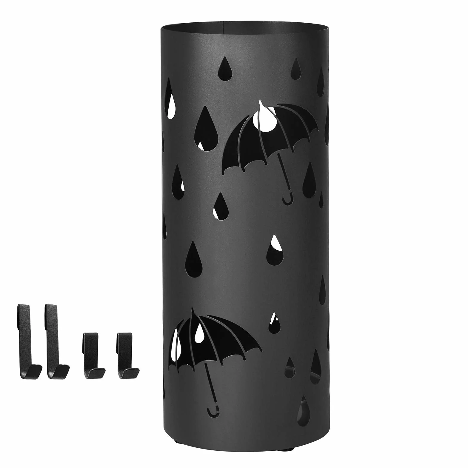 SONGMICS LUC23B metalowy stojak na parasole, okrągła patera na wodę, wyjmowana, z haczykami, 49 x Ø 19,5 cm, czarny
