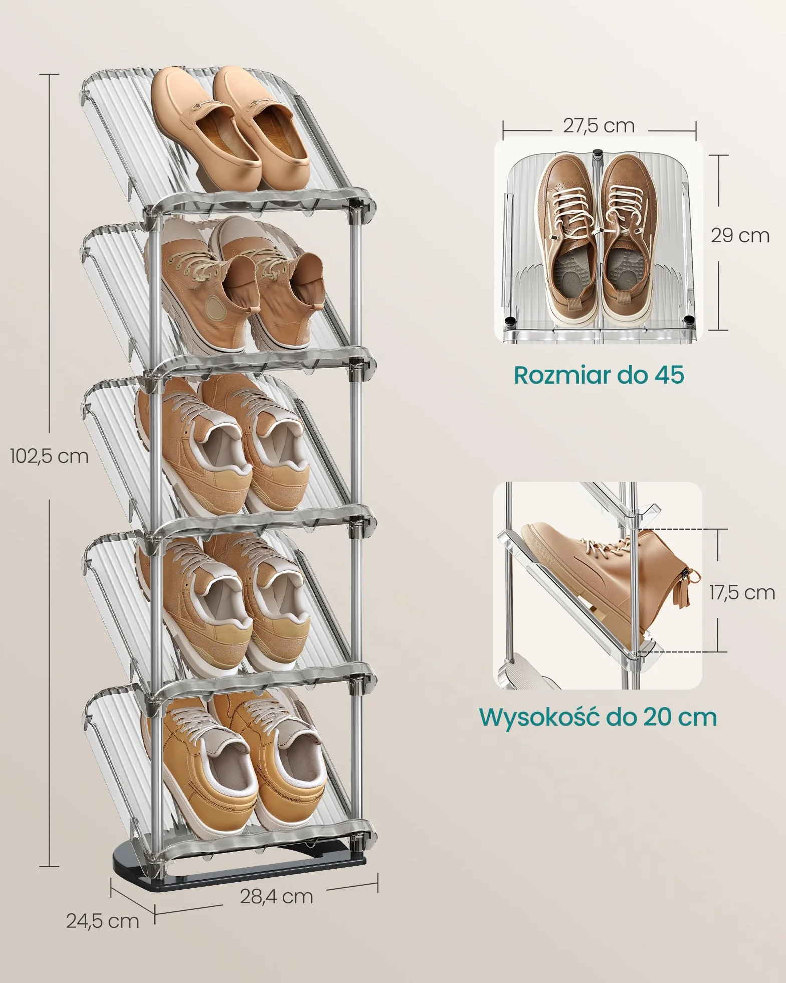 SONGMICS regał na buty 5 poziomów skośna półka plastik 24,5 x 28,4 x 102,5 cm szary LPC049GZ01