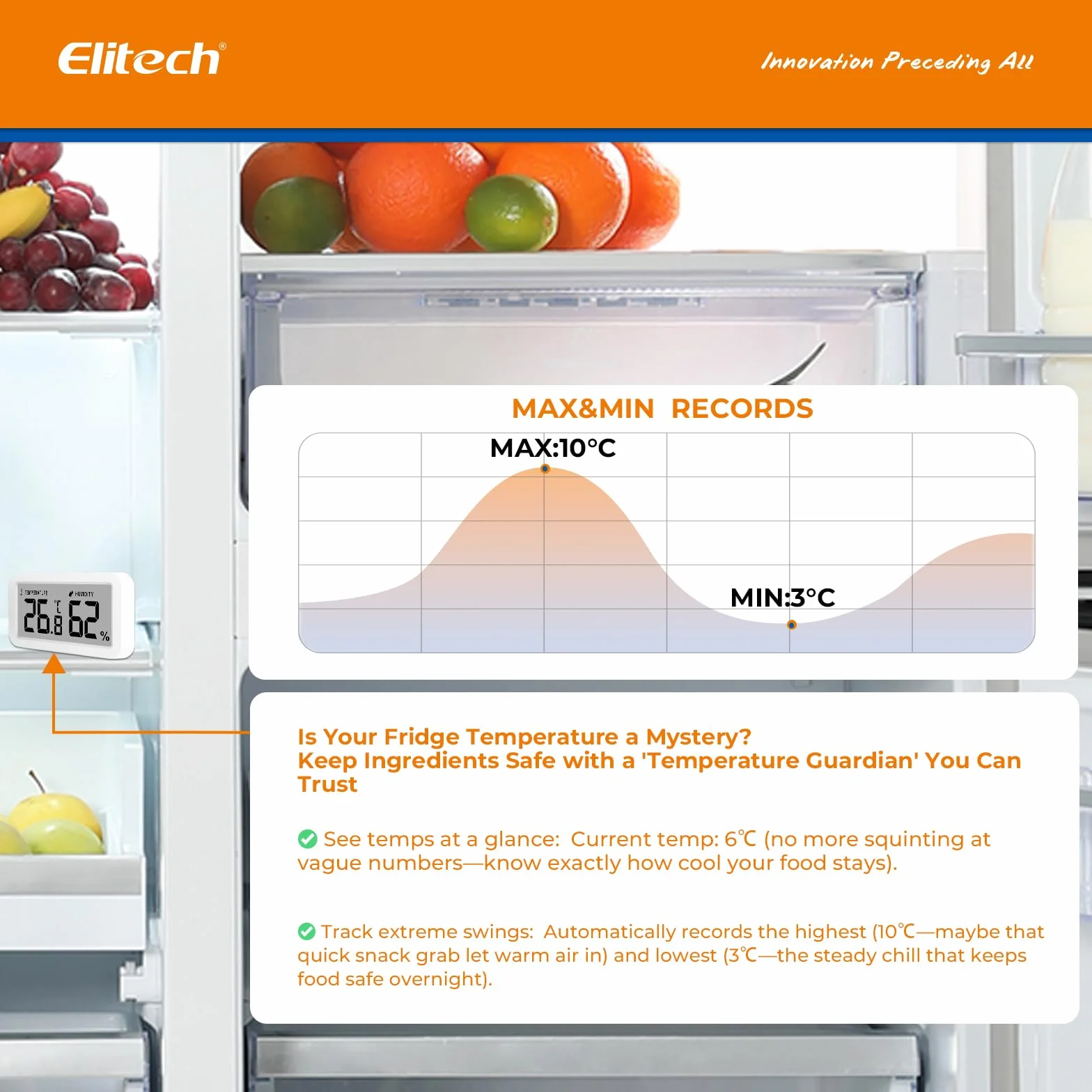 Elitech 2Pack TM-2 Termometr do lodówki, monitorowanie temperatury i wilgotności, mocowanie magnetyczne i zaczep, energooszczędny, idealny do zamrażarki, szafy spiżarni, komory chłodniczych