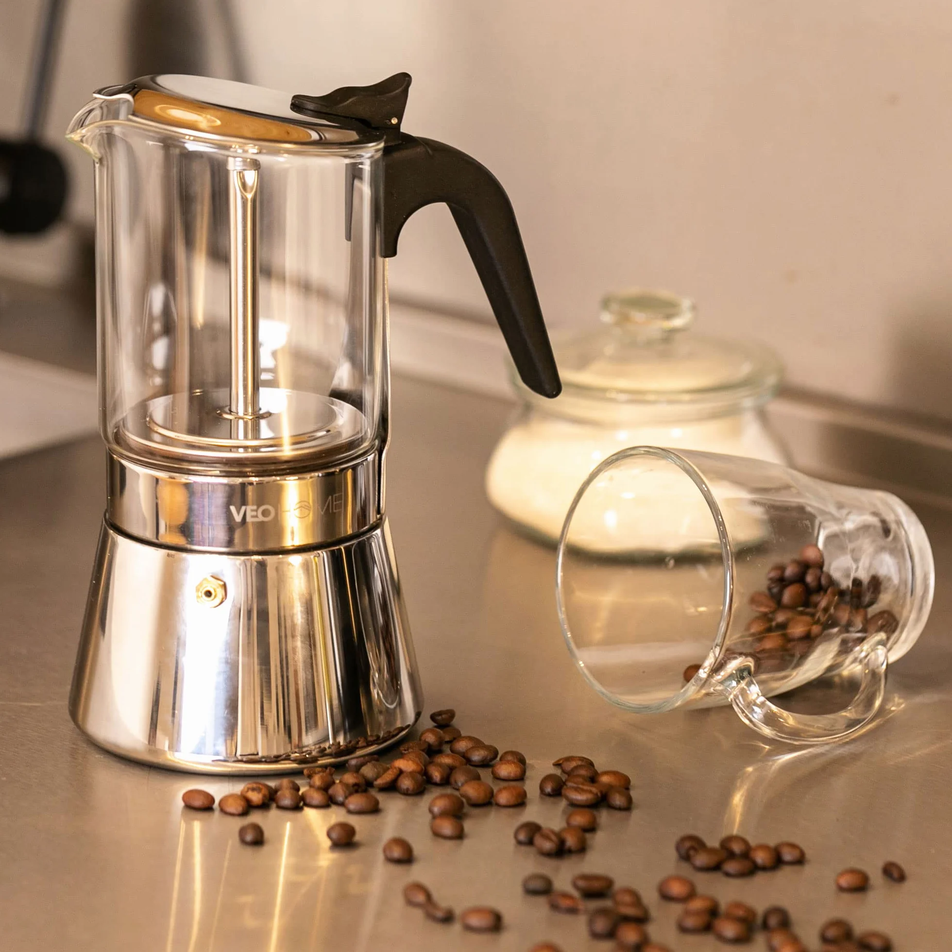 VeoHome Włoski ekspres do kawy ze szkła i stali nierdzewnej 360 ml, ekspres do kawy Moka do kuchenki indukcyjnej, gazowej, ceramicznej, styl espresso, 7 filiżanek, bezpieczny, można myć w zmywarce