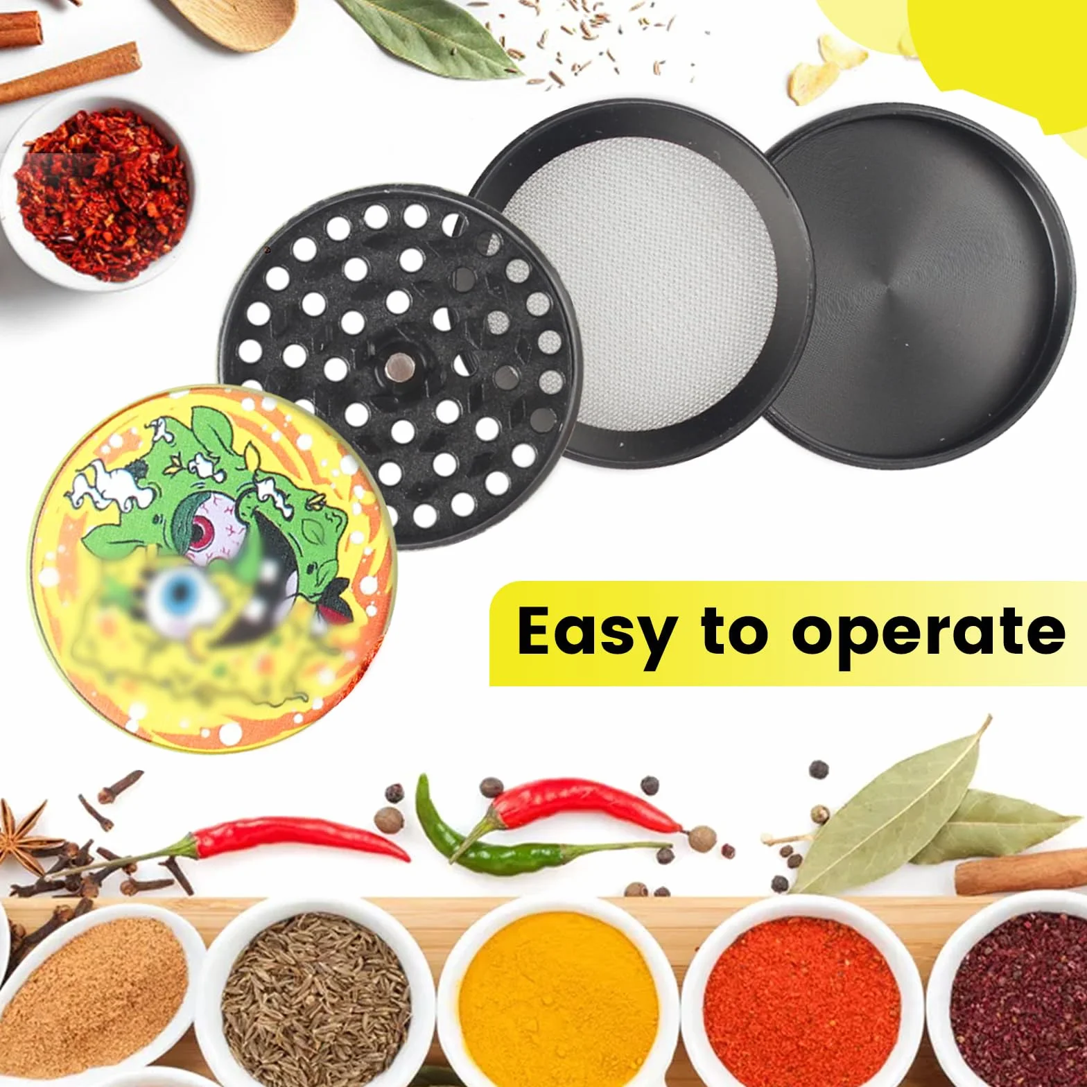 Grinder duża kruszarka 63 mm młynek do przypraw ze skrobakiem i plastikową szczotką szlifierki 4 warstwy żółty design kreskówka młynek do pyłków metal 4-częściowy zestaw do przypraw