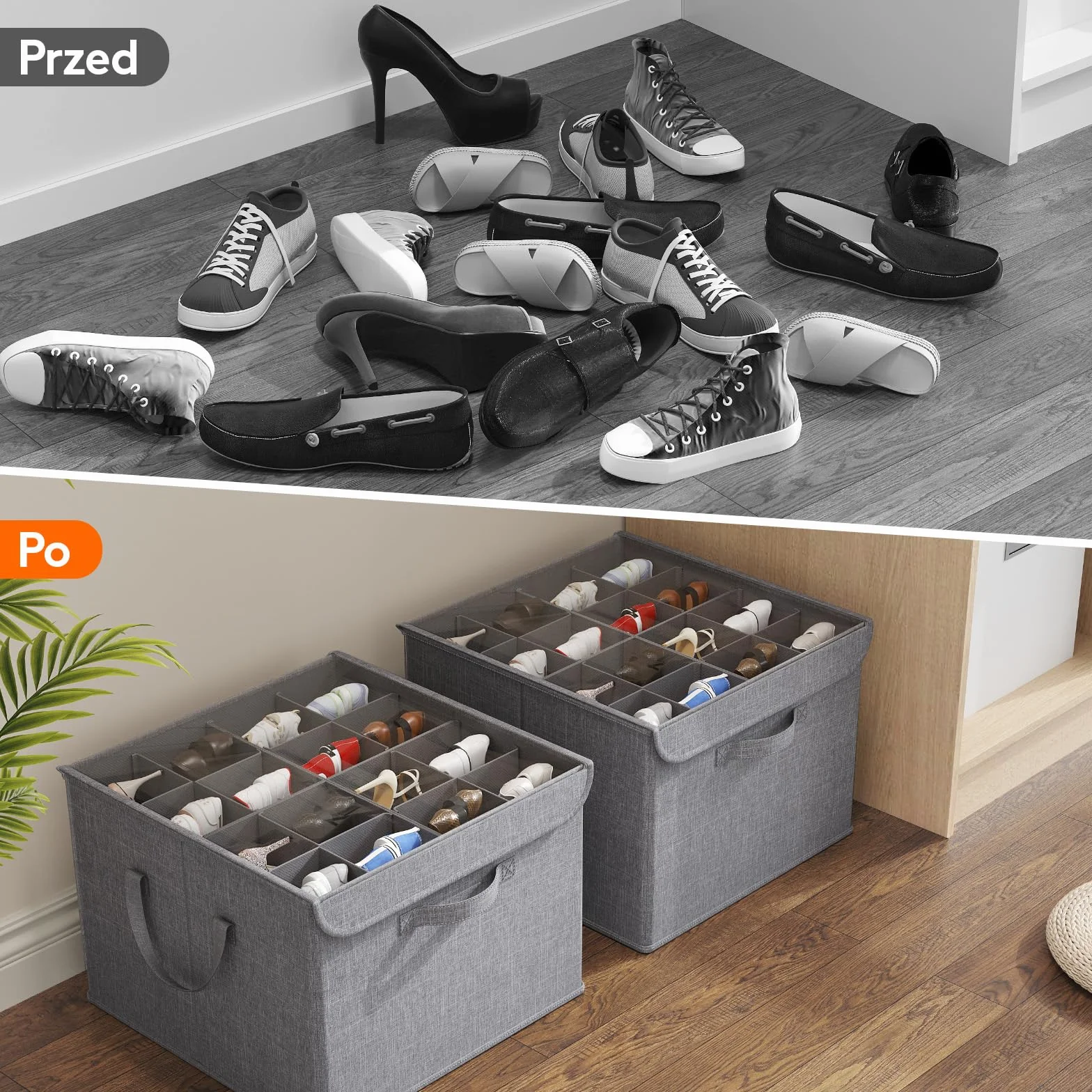 Lifewit Organizer na buty do szafy, regulowane przegródki, przezroczyste pudełko na 16 par, składane, jasnoszary