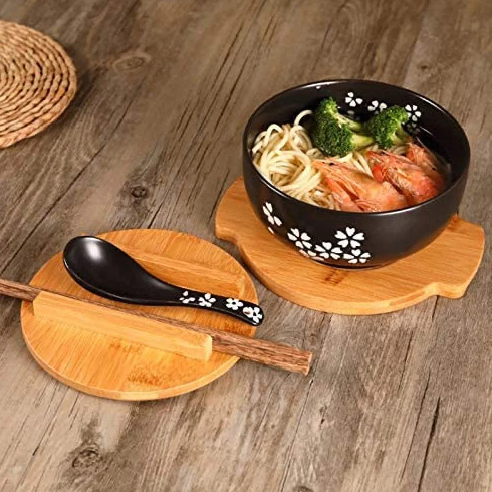 1000 ml ceramiczna miska na makaron z łyżeczką, miska z podkładką z pokrywką, miska na błyskawiczny makaron, miska na zupę koreańską, miska na ryż, zestaw sztućców