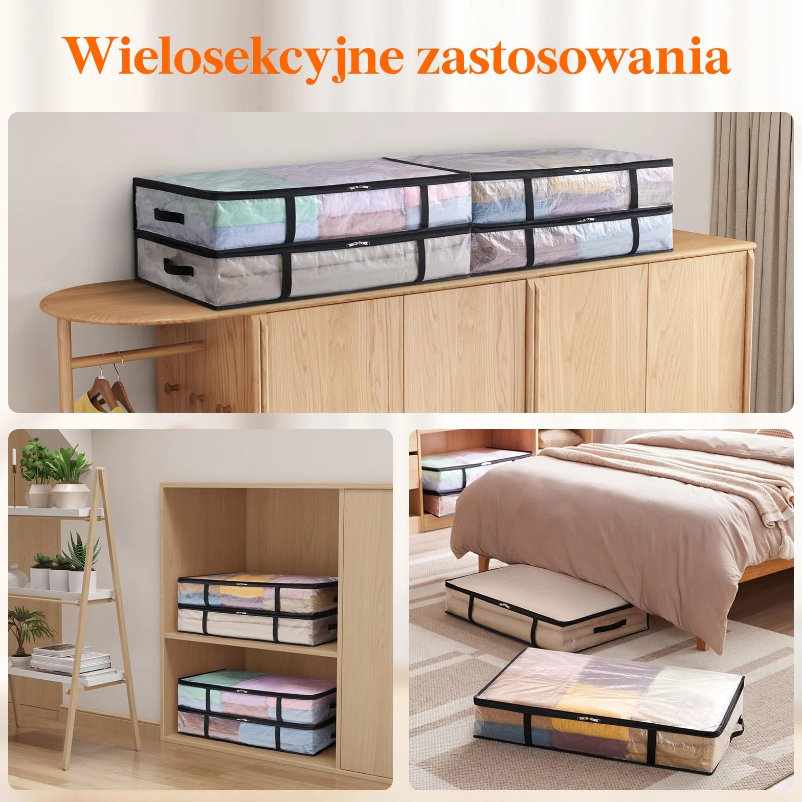 Lifewit Zestaw 4 przezroczystych toreb do przechowywania 60l, składany pojemnik do przechowywania pod łóżkiem z uchwytami, torba do przechowywania odzieży PP, poszwa na kołdrę do przenoszenia, ubrania