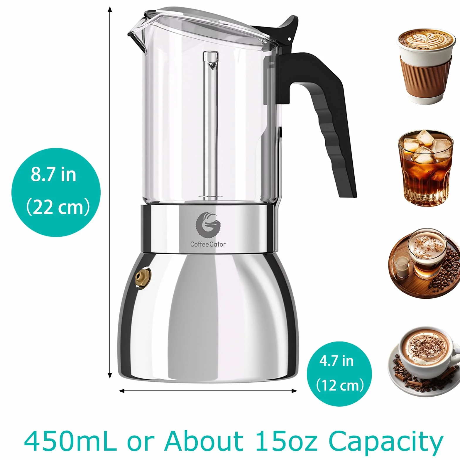 Coffee Gator 9 filiżanek Moka Pot, 450 ml kuchenka ekspres do kawy włoskiej, przezroczyste szkło i konstrukcja ze stali nierdzewnej, srebrny