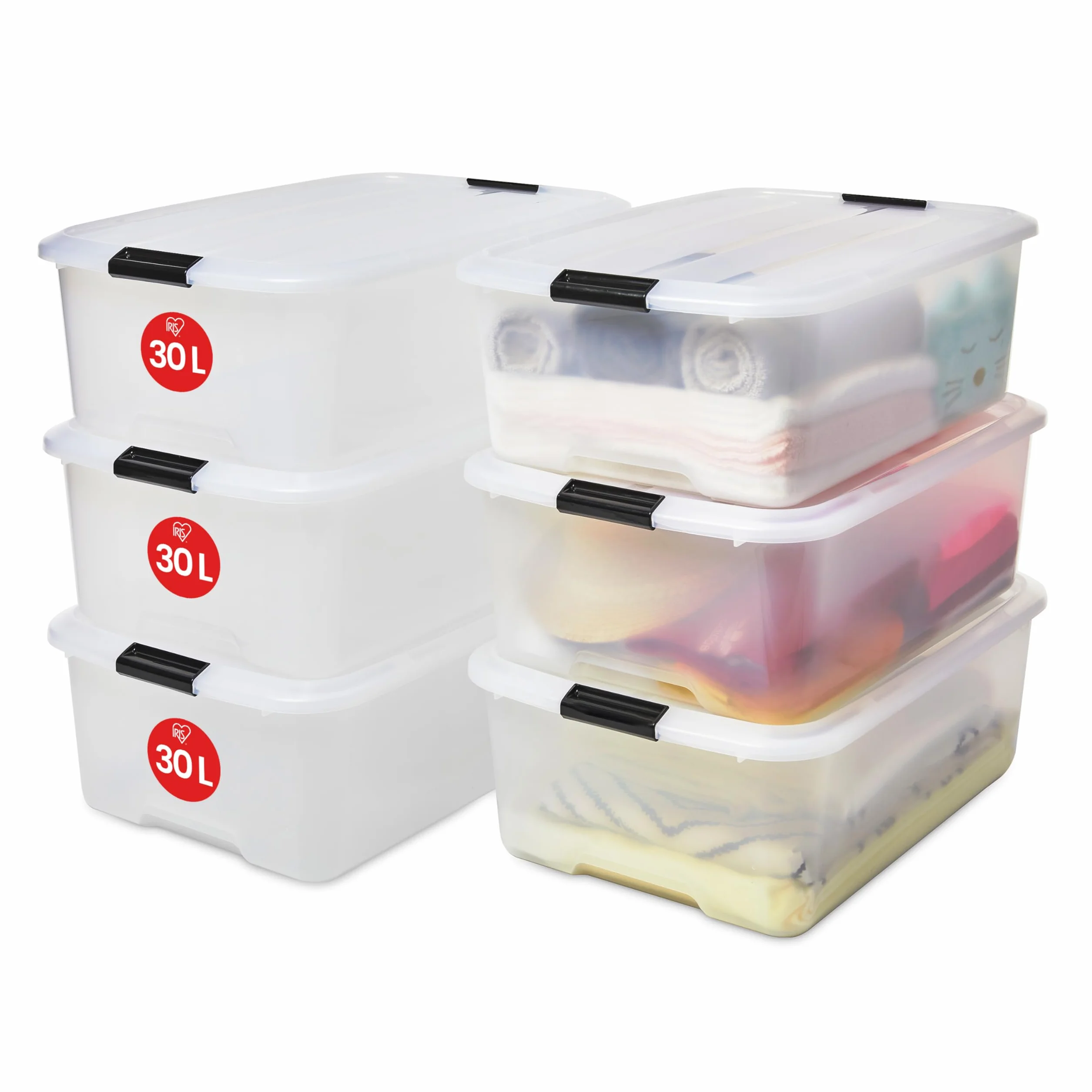 Iris Ohyama, Plastikowe pudełka do przechowywania z pokrywą i klipsami zamykającymi, 30 L, Zestaw 6, Bez BPA, Biuro, Salon, TB-30, Przezroczysty