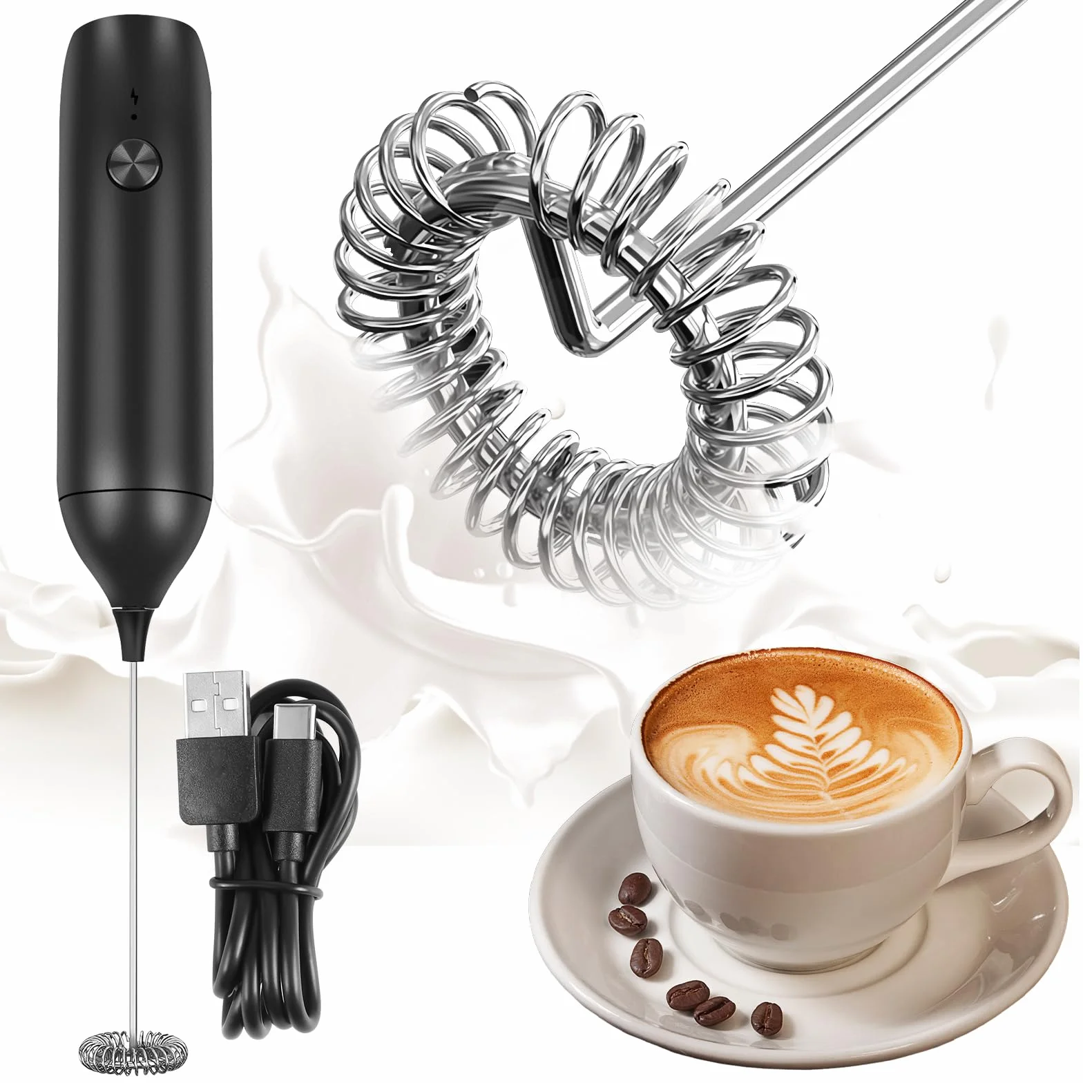 Weinsamkeit Elektryczny spieniacz do mleka, z możliwością ponownego ładowania, USB, ręczny elektryczny spieniacz do mleka, do kawy, latte, cappuccino, macha, macchiato