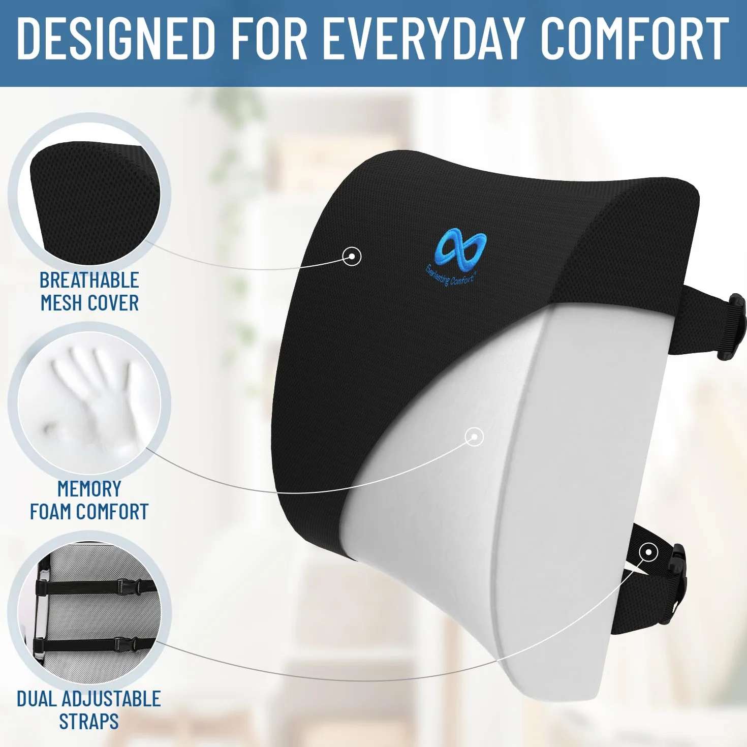 Everlasting Comfort Poduszka pod plecy – poduszka lędźwiowa do samochodu, biura i domu – podparcie lędźwiowe na krzesło i krzesło biurowe – oddychająca poduszka lędźwiowa z regulowanymi paskami