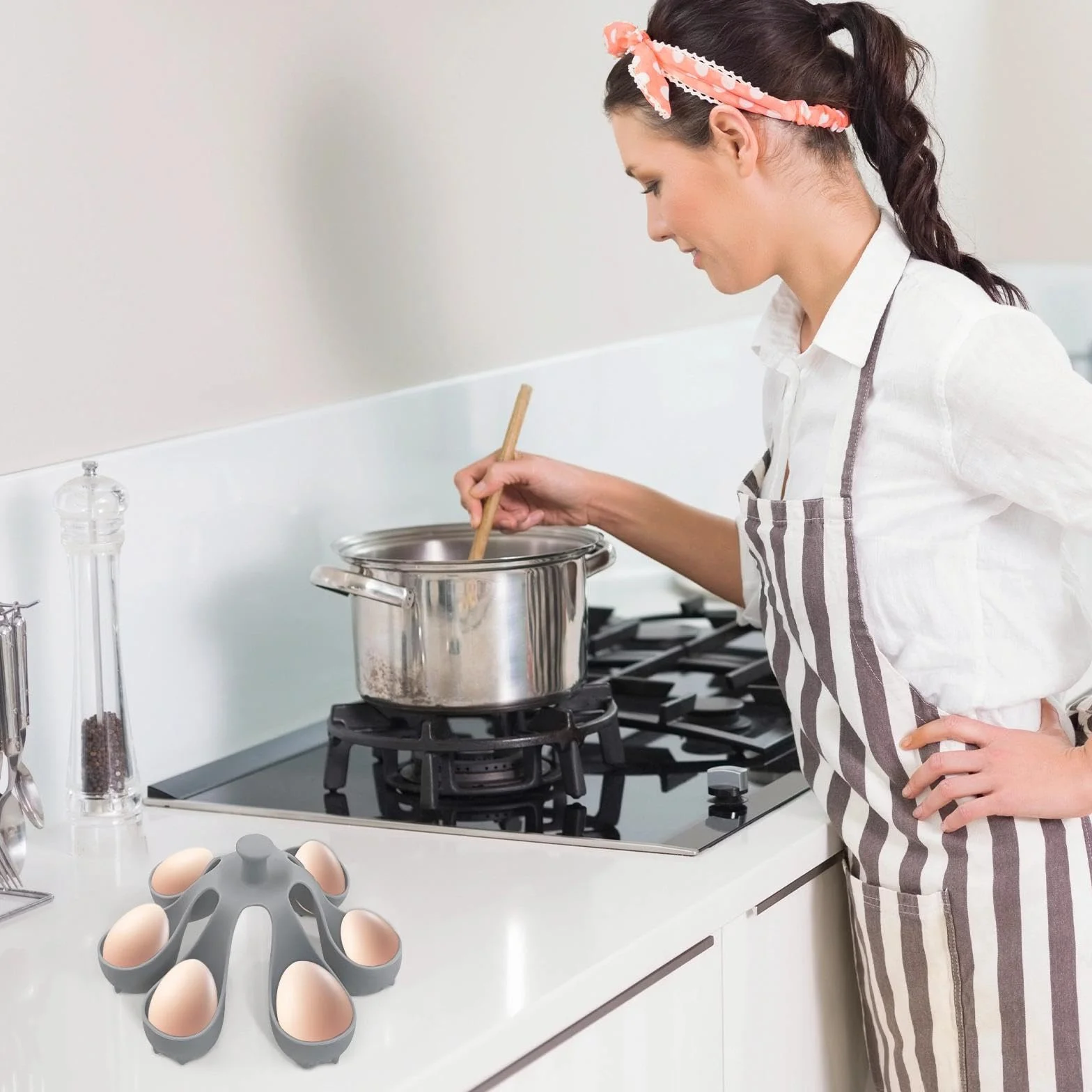 Silicone Egg Boiler Rack, pojemnik na jajka, gotowanie na parze, akcesoria do gotowania na parze, 6 komór, silikonowa taca na jajka, gadżet, szary