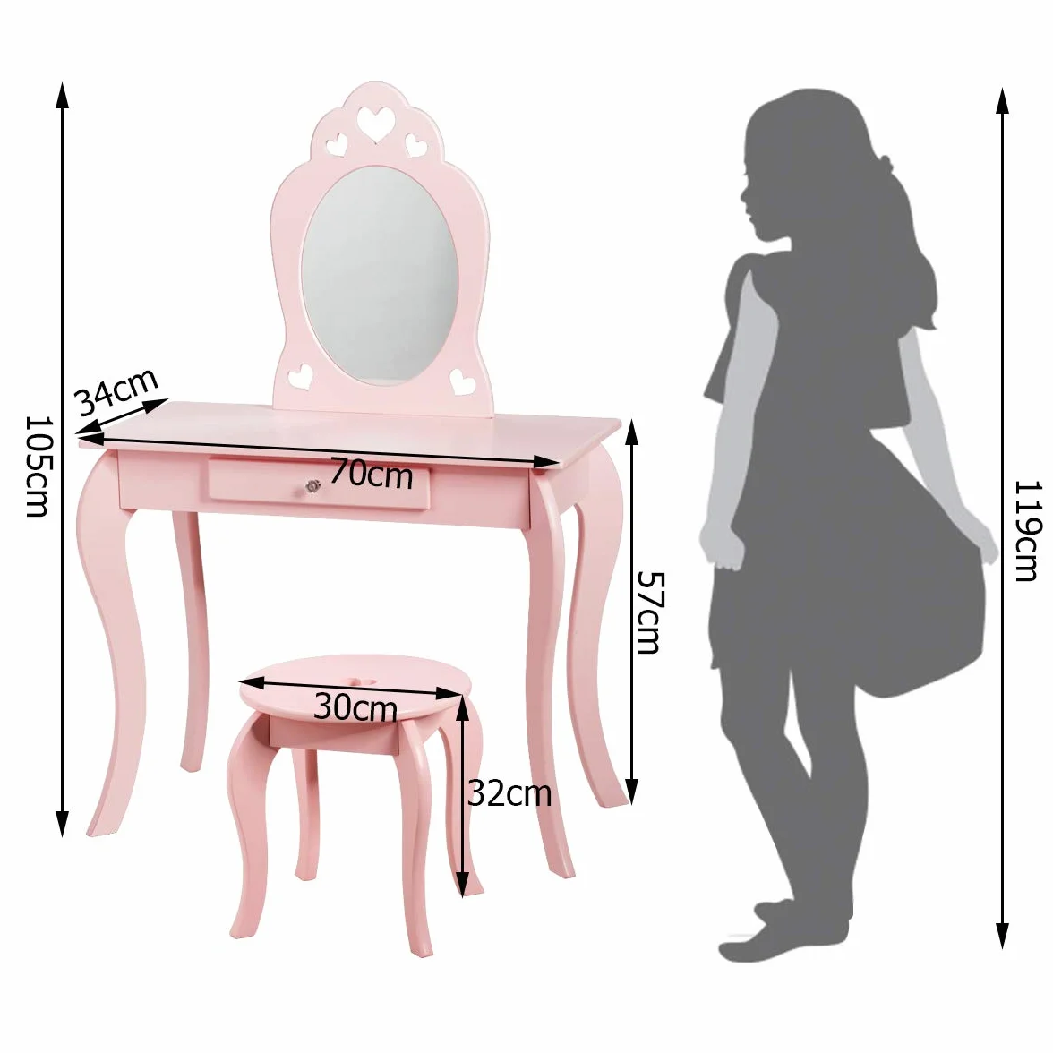 COSTWAY Toaletka dziecięca z taboretem i zdejmowanym lustrem, dla dziewcząt, stół z szufladą, stół z lustrem, 70 x 34 x 105 cm (różowa)