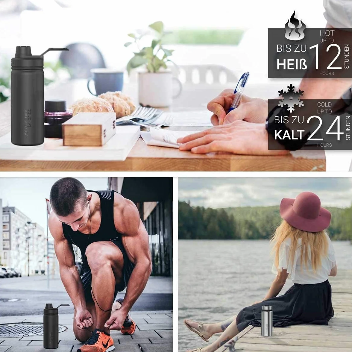 720°DGREE Butelka do picia ze stali nierdzewnej "noLimit" - 950ml - szczelna, gazowana, wolna od BPA - izolowana butelka z nakrętką dla dzieci, szkoły, fitness +darmowa pokrywka sportowa