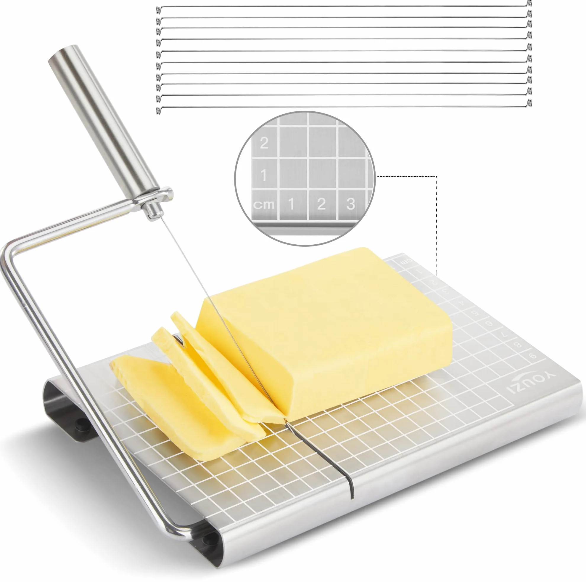 Cheese Slicer & Cheese Cutter | Stainless Steel cheese slicer with 10 Replacement-wires | Cheese Cutter for Block Cheese Metal Cheese Slicer Cutting Board Kitchen Gadgets Gift Set for Cheese Butter