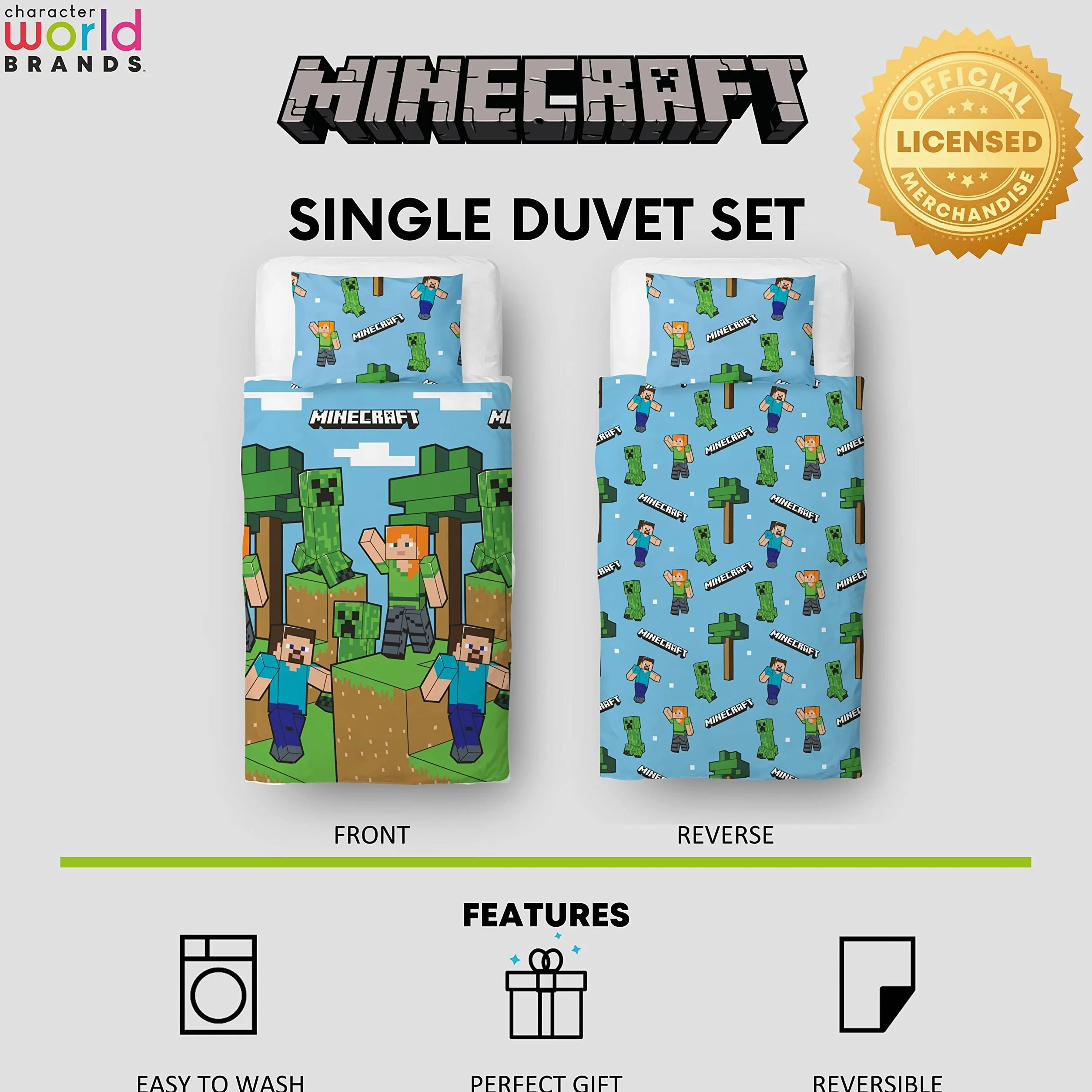 Minecraft Oficjalny zestaw poszewek na pojedynczą kołdrę, epicki design | Niebieska dwustronna poszewka na kołdrę z 2 stronami, oficjalny towar, w tym pasująca poszewka na poduszkę