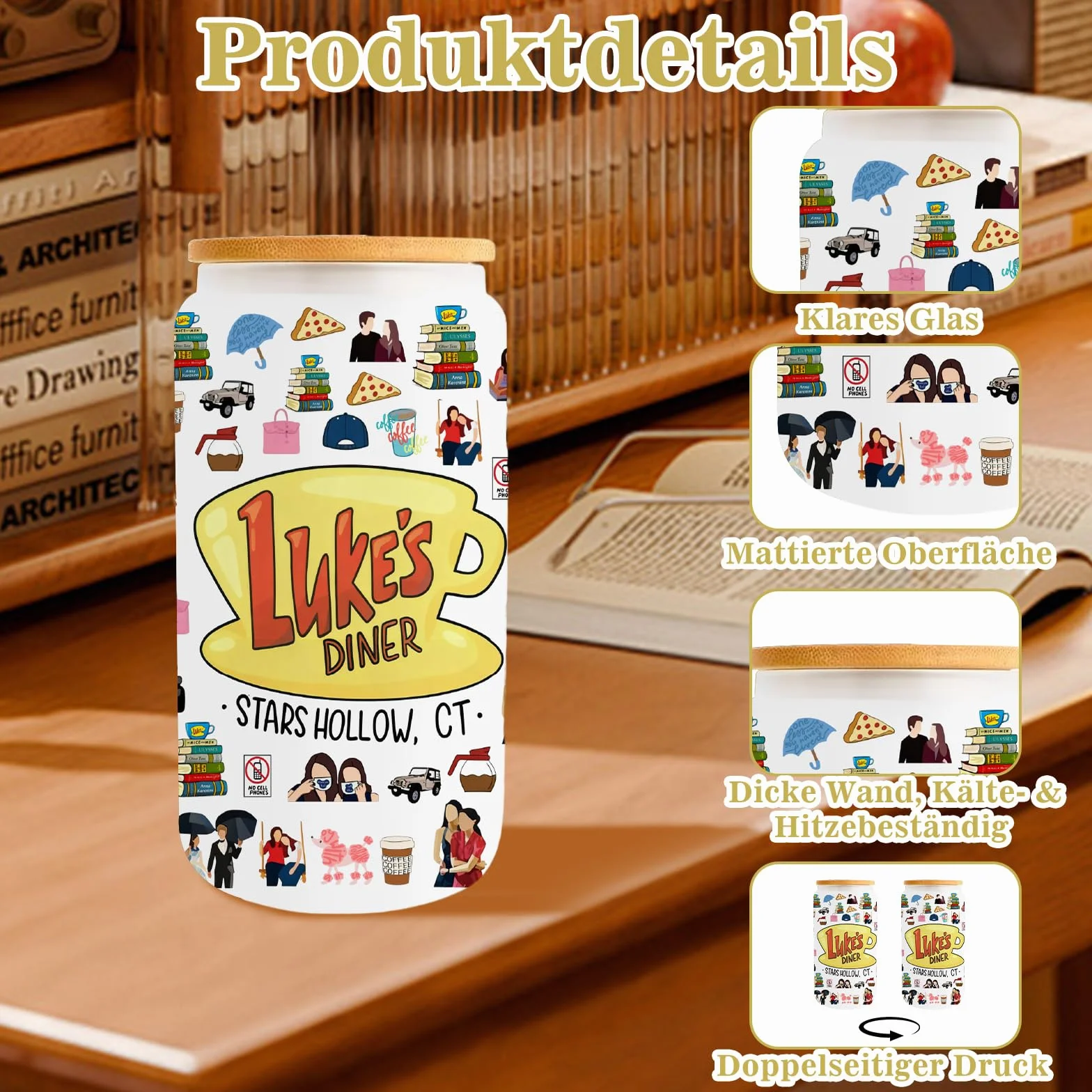gilmore girls merch szklanka ze słomką i pokrywką, kompletny zestaw i dwustronny nadruk, kubek szklany dla dziewcząt, nastolatków, fanów, na prezent, do kawy, soku, koktajli, 500 ml