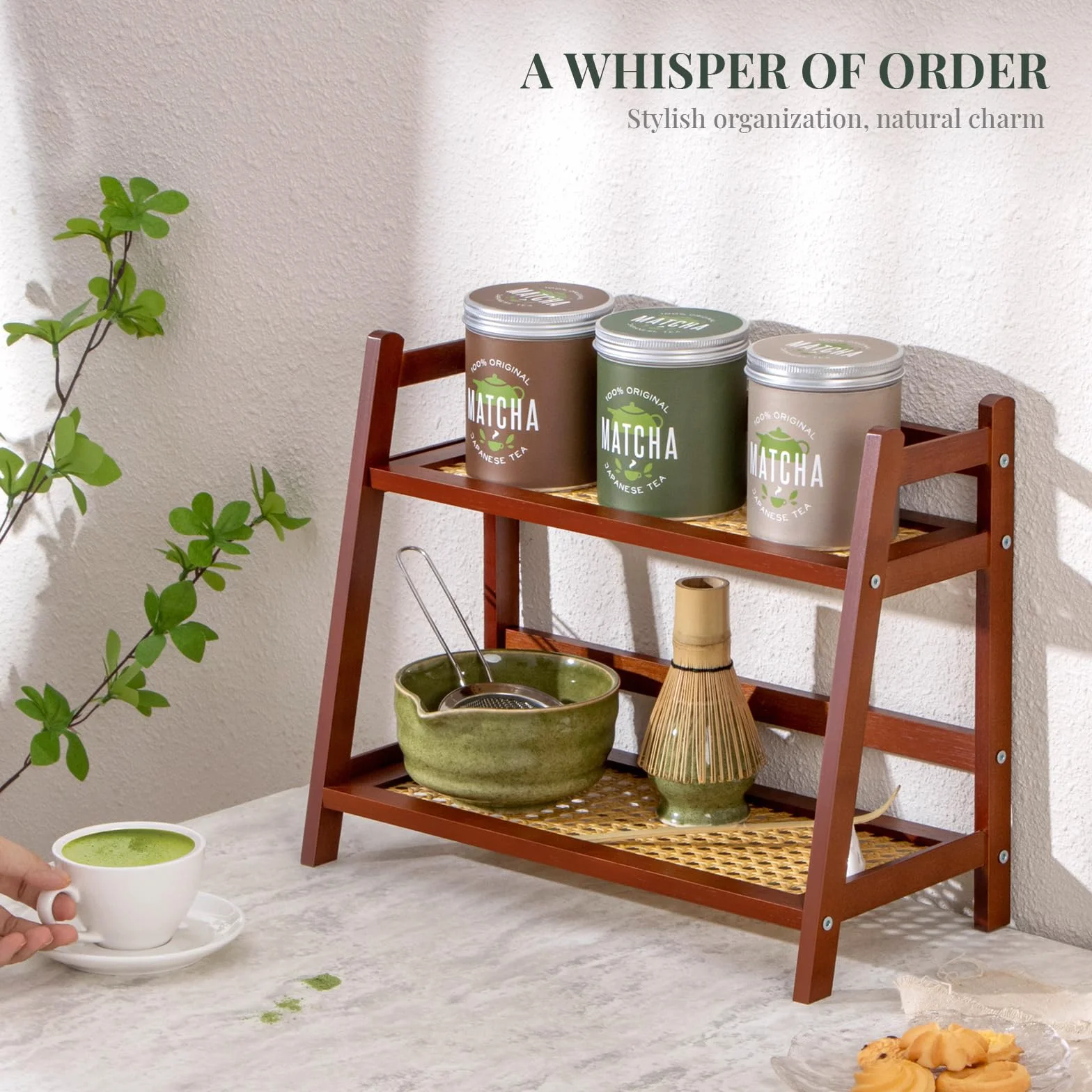 ANBOXIT Organizator Stacji Matcha z Wzorem Rattan, Organizator do Herbaty i Kawy z Bambusa na Blacie, 2-Poziomowy Stojak na Kubki, Pojemnik na Przechowywanie Przypraw do Kuchni, Domu, Biura - Brązowy
