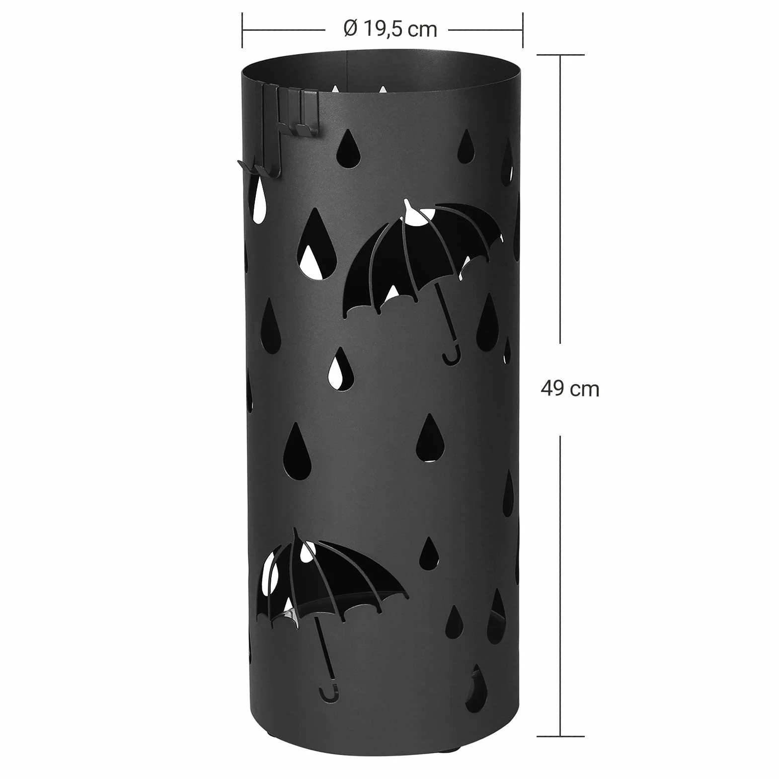 SONGMICS LUC23B metalowy stojak na parasole, okrągła patera na wodę, wyjmowana, z haczykami, 49 x Ø 19,5 cm, czarny
