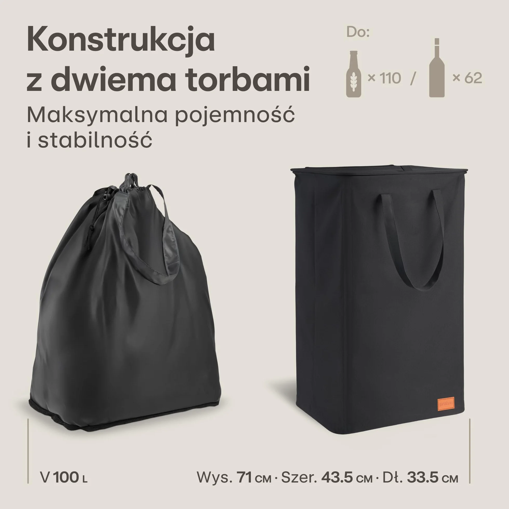 Praknu Pojemniki kolekcjonerskie 100 l, duży pojemnik na butelki na puste i stare szkło, wodoszczelna, wytrzymała tkanina Oxford, z torbą do noszenia, sznurkiem i podwójnymi uchwytami
