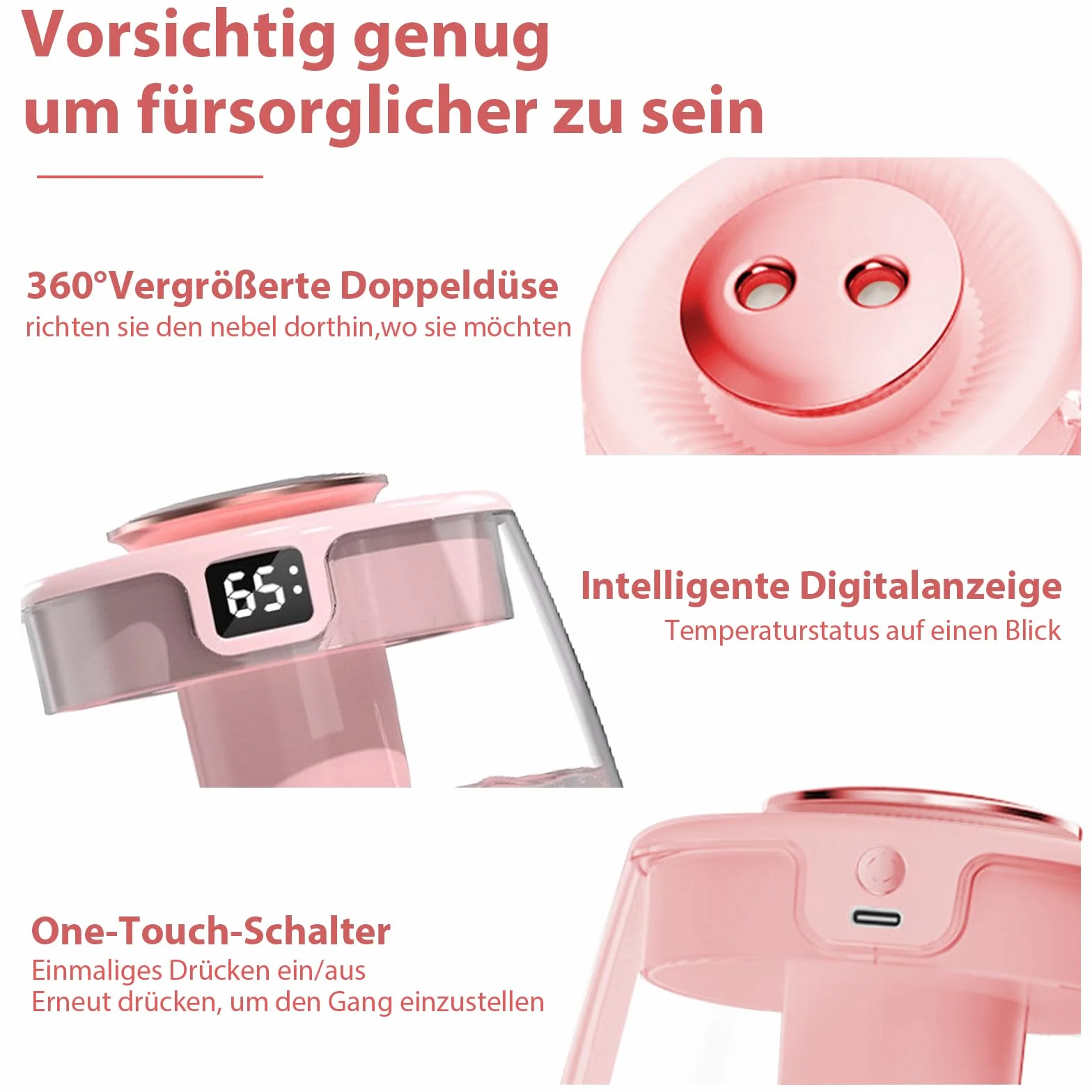 Nawilżacz powietrza, 1 l, cichy humidifier z 2 otworami, nawilżacz powietrza z cichym wyświetlaczem cyfrowym USB, 2 tryby mgły i lampka nocna do biura, pokoju dziecięcego, sypialni, samochodu, różowy