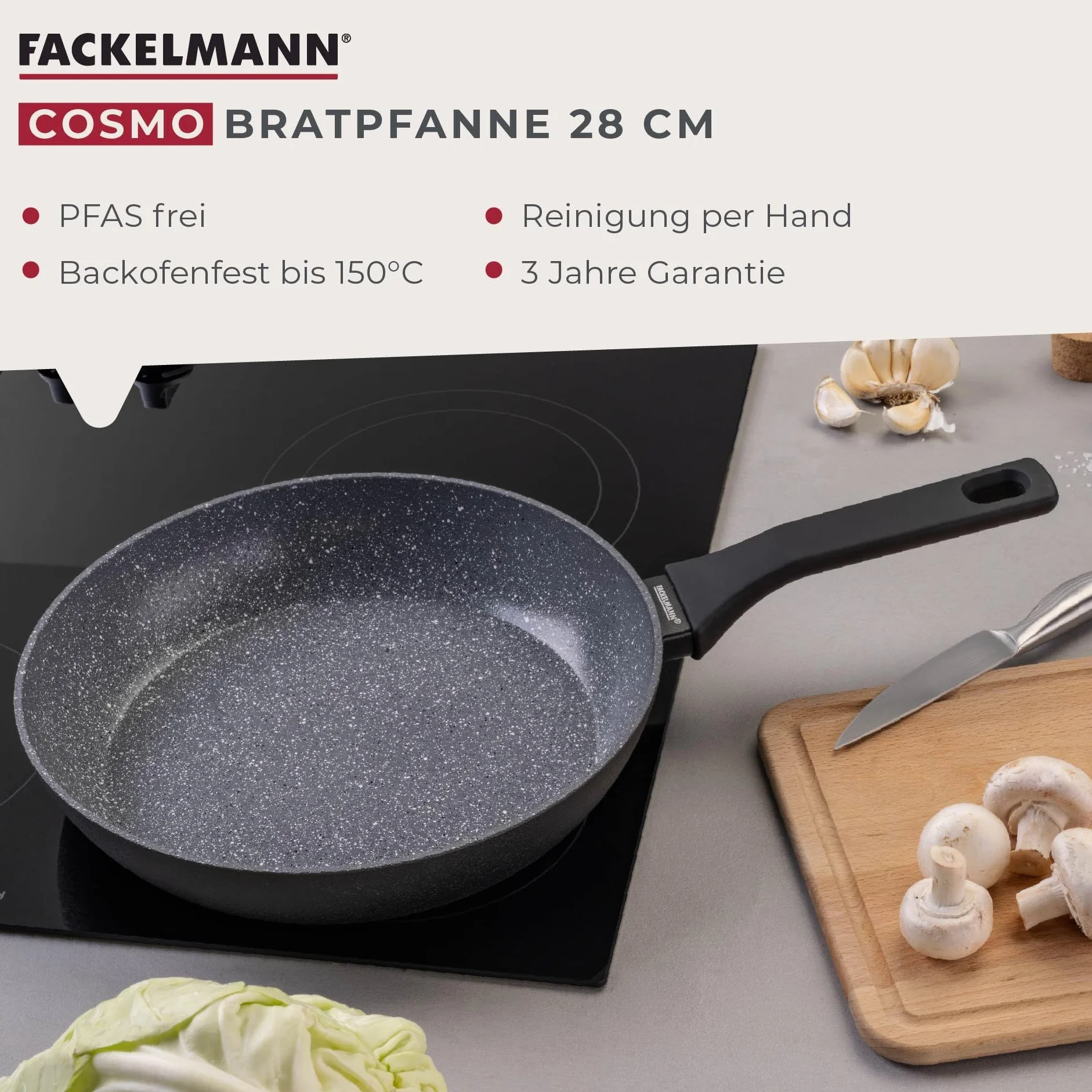 Fackelmann Patelnia Cosmo – średnica 28 cm z tłoczonego aluminium, powłoka ceramiczna Excilon bez użycia PFAS, uchwyt Soft-Touch, czyszczenie ręczne