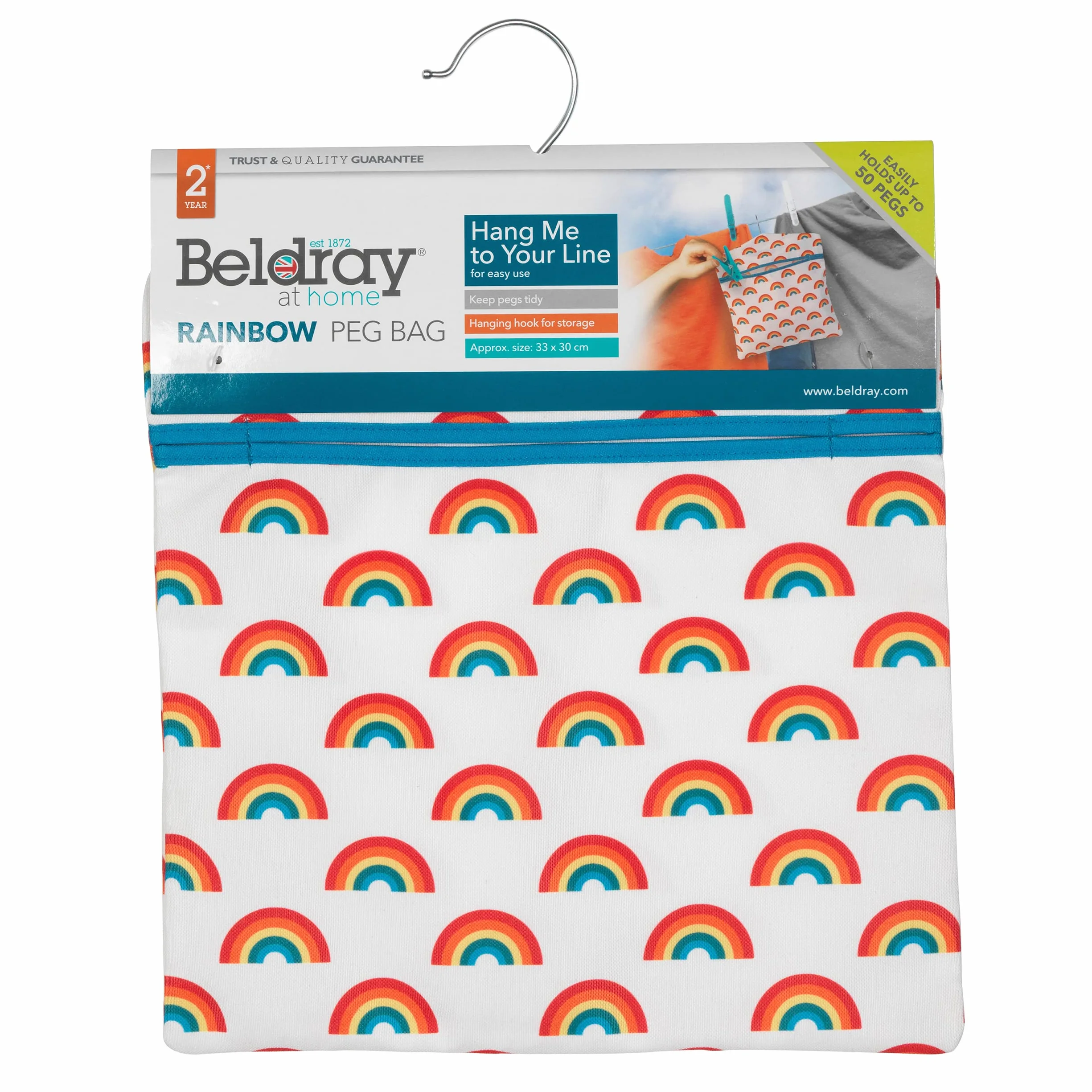 Beldray® LA081544EU7 torba na klamerki w kształcie tęczy | łatwy haczyk do zawieszenia | mieści do 50 śledzi | 33 x 30 cm | turkusowy/biały/czerwony