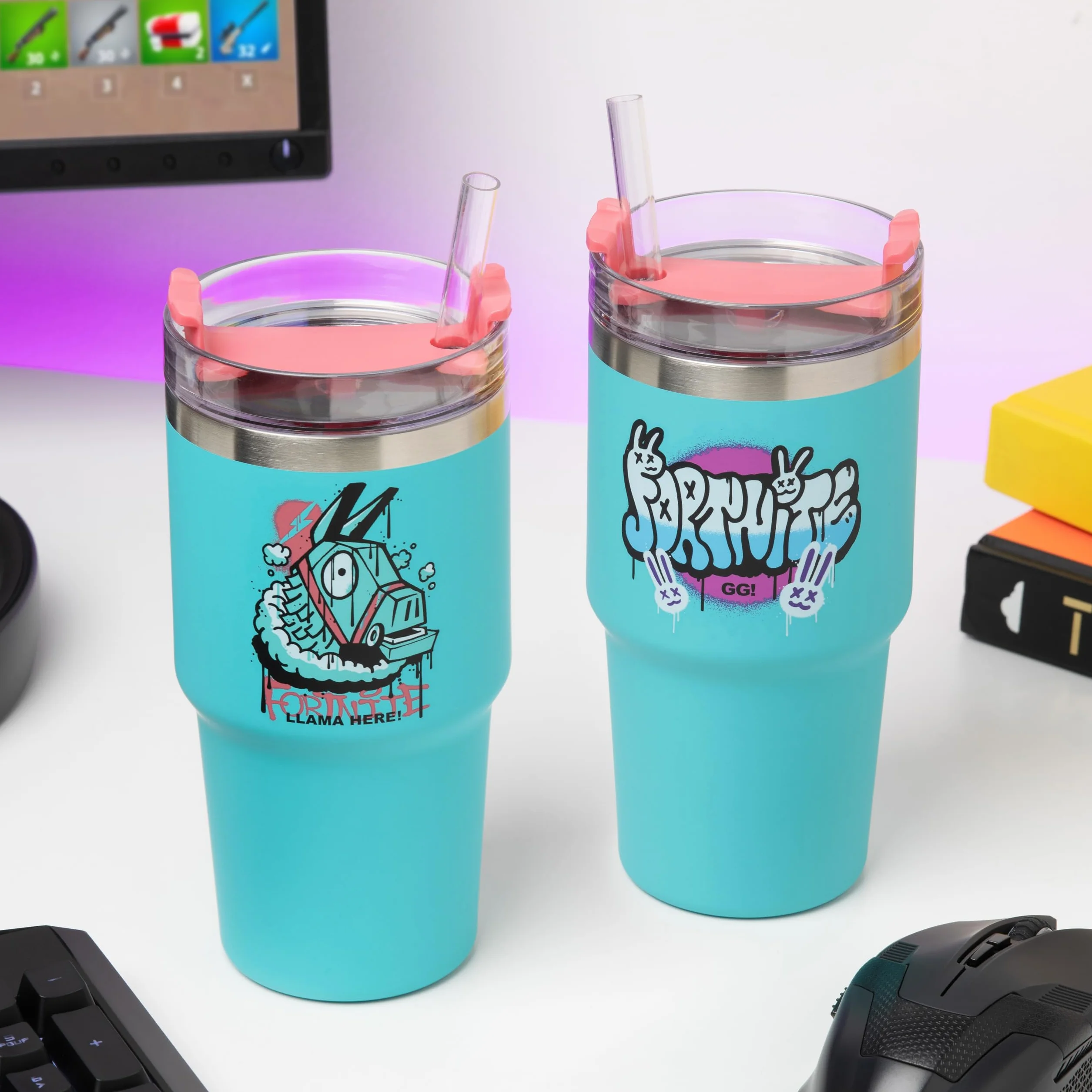 Paladone Fortnite 600 ml niebieski izolowany kubek z słomką oficjalnie licencjonowana butelka na wodę