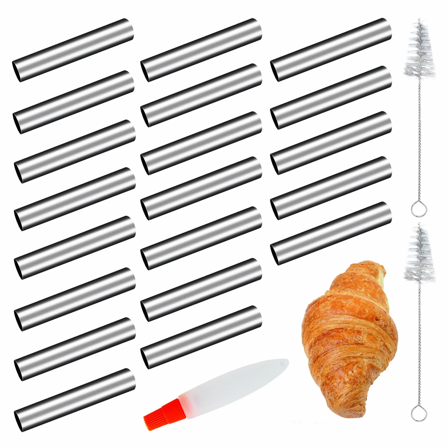 20 sztuk foremek piankowych, małe, ze stali nierdzewnej, ze szczotką do czyszczenia, nieprzywierające, proste rurki Cannoli, do kremowych róg, rogalików (12,5 x 2 cm)