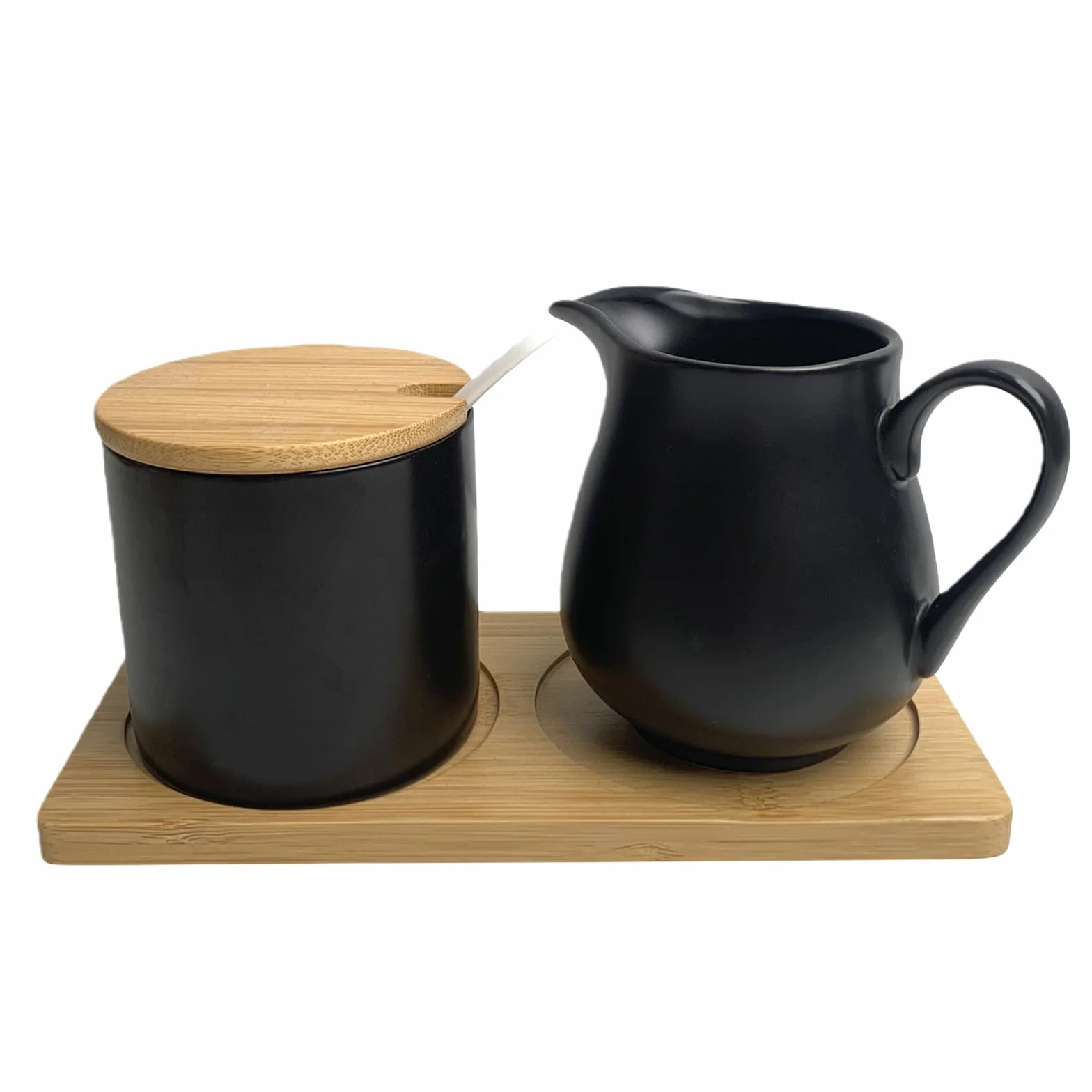 BAIFULAI Zestaw do mleka i cukru z pokrywką i łyżeczką, dzbanek na mleko czarny ceramiczny i cukiernica z drewnianą tacą, zestaw do cukru i mleka, ceramiczny dzbanek na śmietanę, pojemnik na mleko