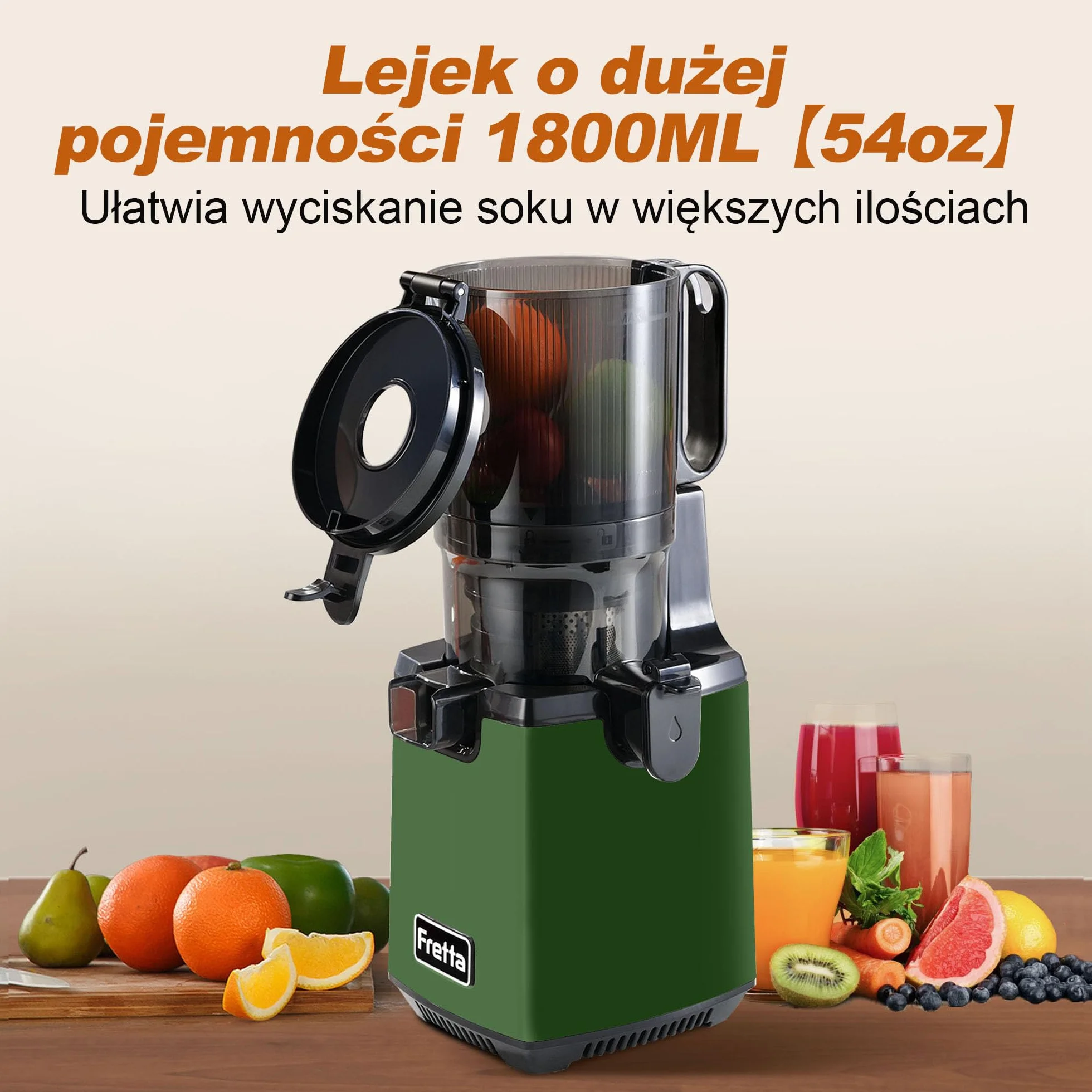 Fretta Wolnoobrotowa Wyciskarka do Owoców i Warzyw 250W, Sokowirówka ze Stali Nierdzewnej z Szerokim Wlotem, Maksymalne Wyciskanie Soku, Łatwa do Czyszczenia (Butelkowy)